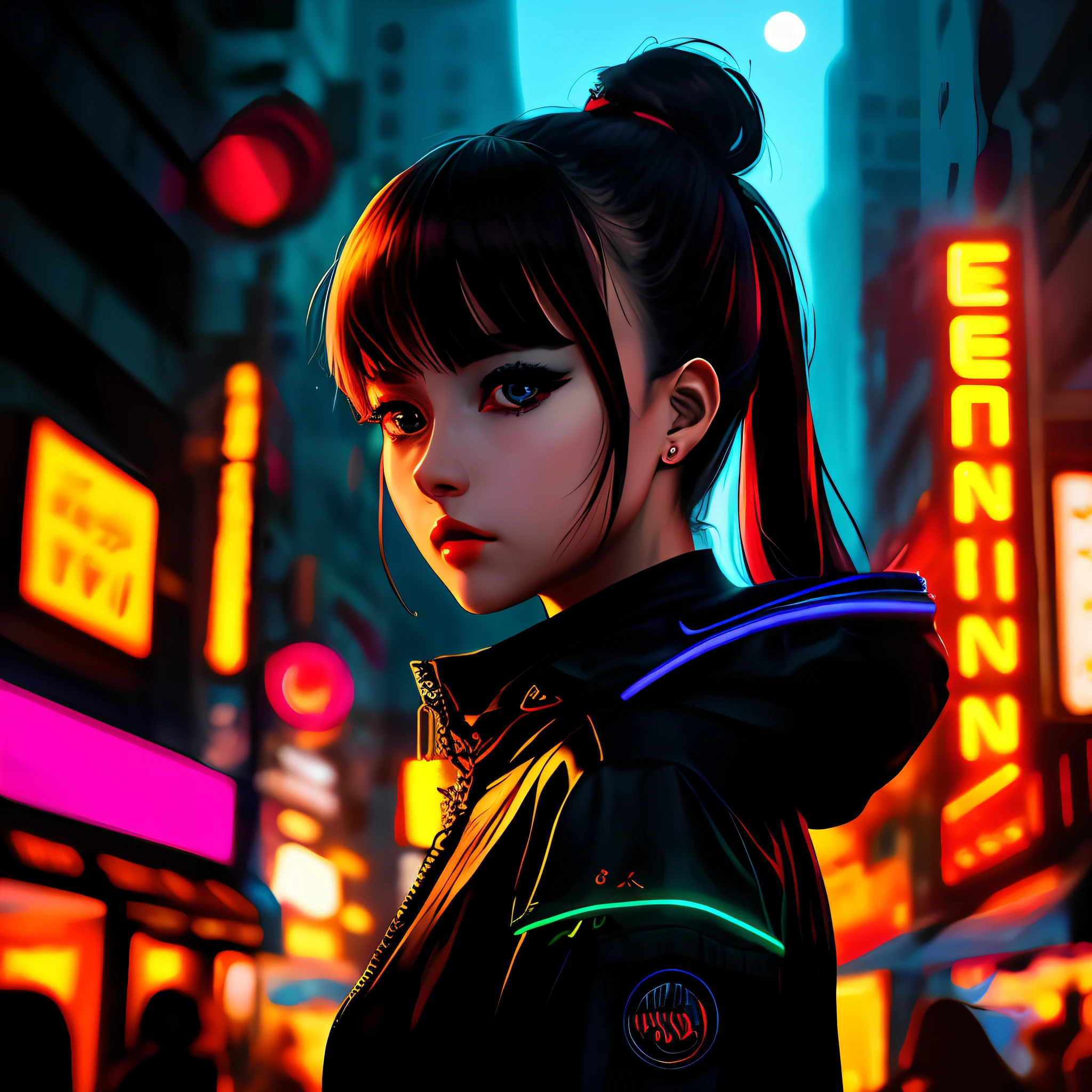 (best quality, masterpiece1.2), (detailed eye:1.2), complex detail, depth of field, 1girl, city, cyberpunk, neon, neon lights, night, moon,