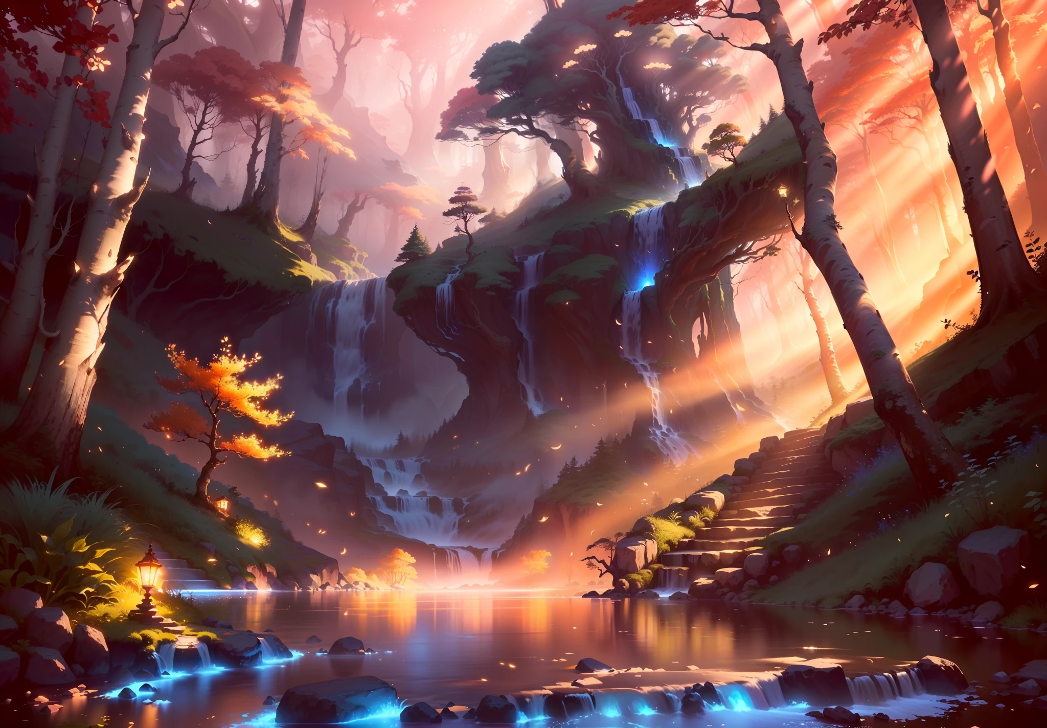 A stream that flows through the forest,There are waterfalls and forest views, magical forest backround, Magical environment, magical fantasy forest, enchanted magical fantasy forest, Fantasy Forest, fantasy forest landscape, 8K stunning artwork, a magical forest, Unreal Engine fantasy art, Beautiful art UHD 4 K, magic fairy forest, Amazing wallpapers, anime lush john 8k woods,At night