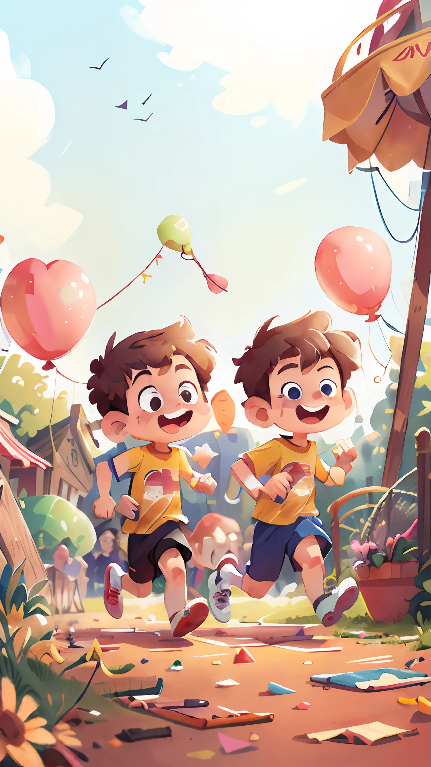 (SFW), two running boys, amusement park, holding balloons, happy, happy, perfect quality, clear focus, colorful, perfect face, intricate details, ultra-low viewing angle, wide angle lens --v 6