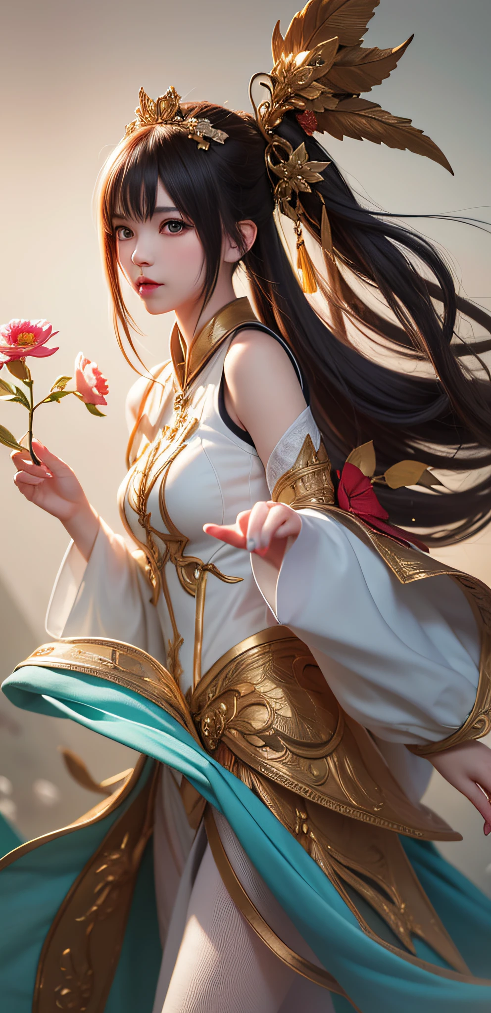 Draw a woman with flowers in her hand, Art germ on ArtStation Pixiv, Extremely detailed Artgerm, art-style, Artgerm Plat, Style Artgerm, artgerm detailed, Art germ. High detail, Artgerm and Ruan Jia, Art germ. anime illustration