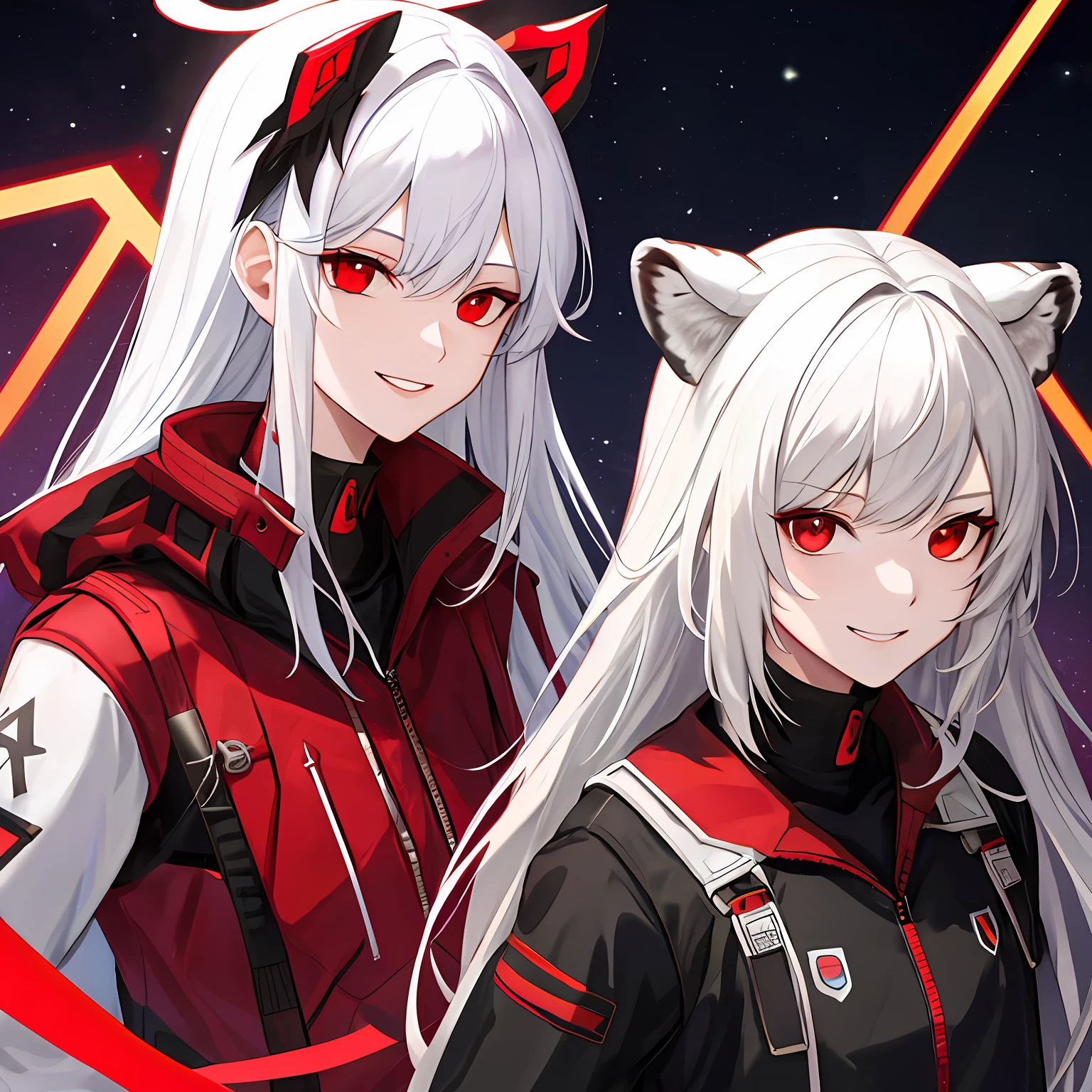 White hair, red eyes, red halo, smile, tiger teeth