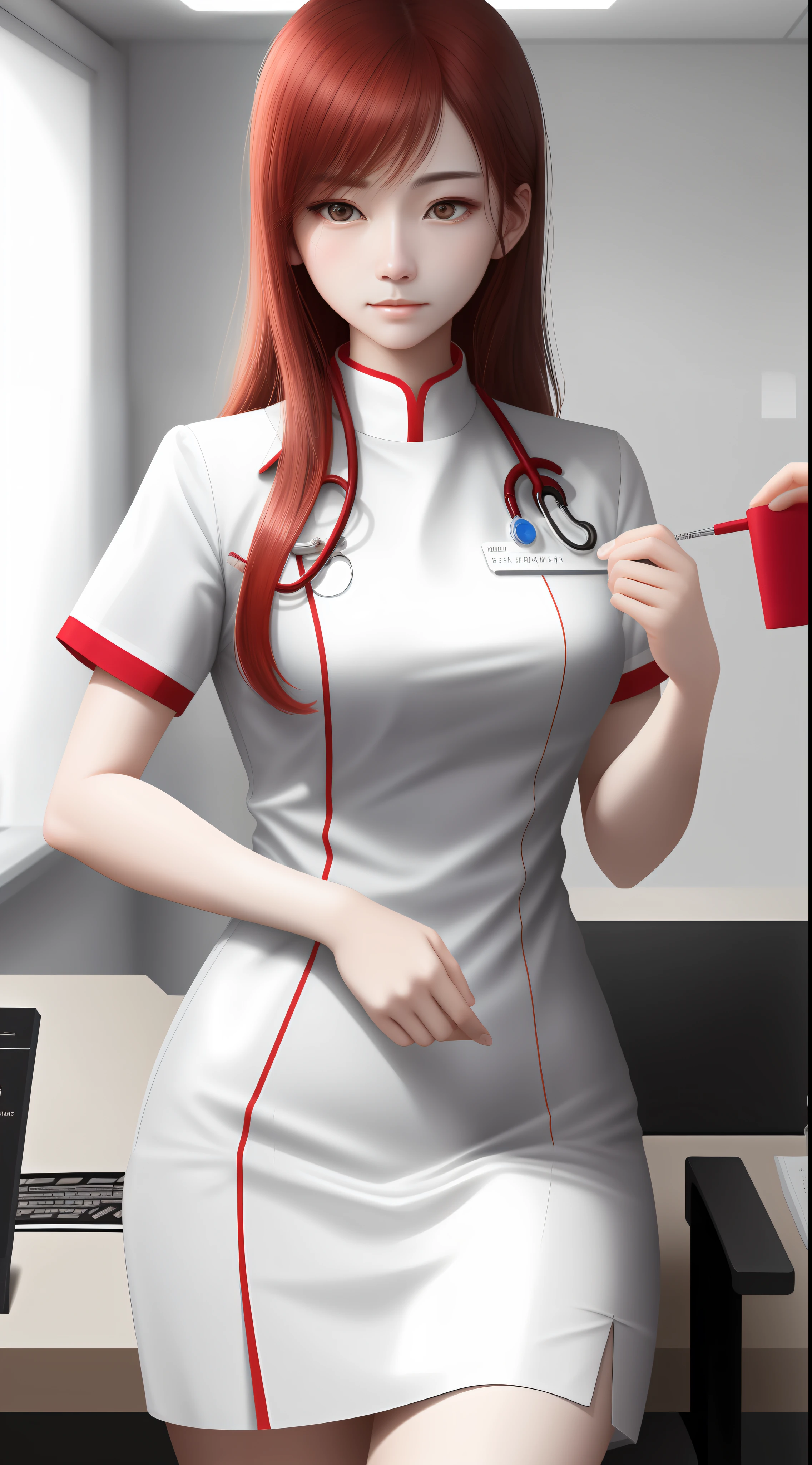 (tmasterpiece),best qualtiy,超高分辨率,Precise CG details,The delicate emotional communication between the medical nurse and the patient,Smart stance and bright red,Clear and sharp expression,Contrast of medical plain white clothing,Soft interweaving of light and shadow。