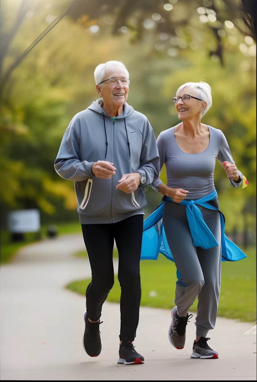 An elderly couple jogging in the park, man and woman walking together, people running, two skinny old people, true to life, Stretch, author：Julian Allen, Correr libremente, on a dark background, comfortable, trending photo, fall season, healthy, Beautiful surroundings, author：Matthia Jama, couple walking hand in hand, two old people, walking together, Active, 5k