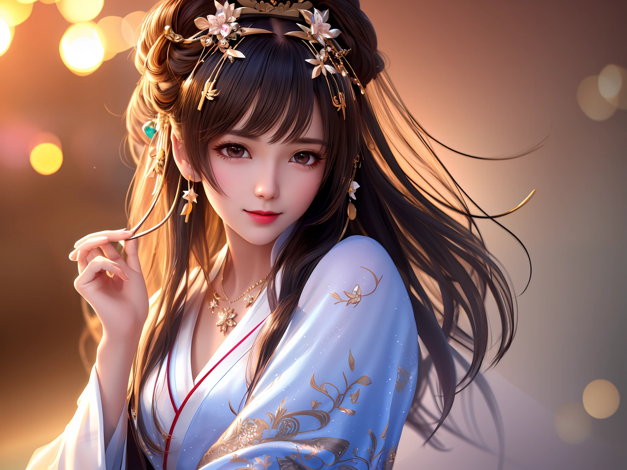 best quality, masterpiece, highres, 1girl,blush,(seductive smile:0.8),star-shaped pupils,china hanfu,hair ornament,necklace, jewelry,Beautiful face,upon_body, tyndall effect,photorealistic, dark studio, rim lighting, two tone lighting,(high detailed skin:1.2), 8k uhd, dslr, soft lighting, high quality, volumetric lighting, candid, Photograph, high resolution, 4k, 8k, Bokeh