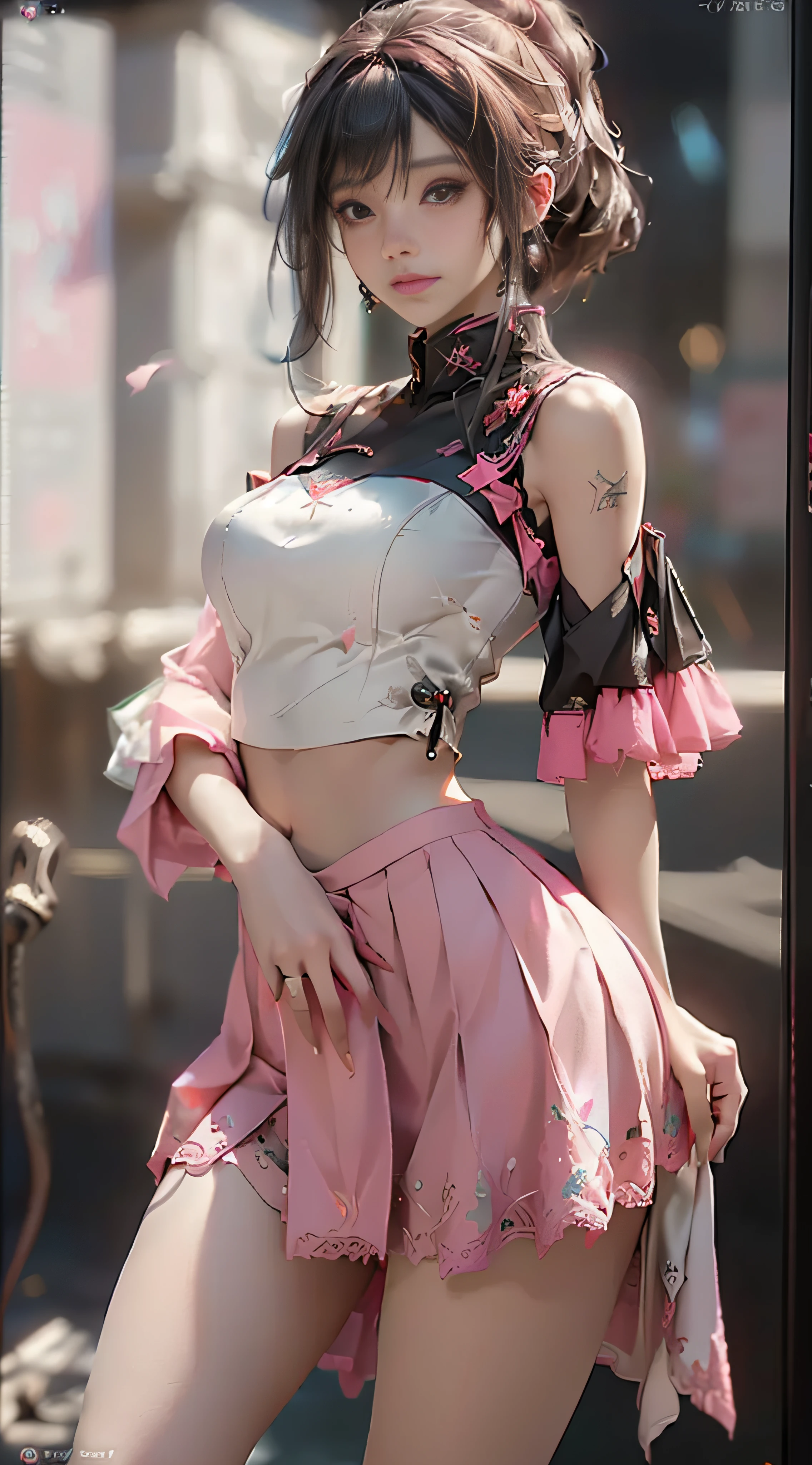 (Best Quality), ((Masterpiece), (Detail: 1.4), 3D, A Beautiful Cyberpunk Woman, HDR (High Dynamic Range), Ray Tracing, NVIDIA RTX, Super-Resolution, Unreal 5, Subsurface Scattering, PBR Textures, Post-Processing, Anisotropic Filtering, Depth of Field, Maximum Sharpness and Clarity, Multi-layer Textures, Albedo and Highlight Maps, Surface Shading, Precise simulation of light-material interactions, perfect proportions, Octane Render, two-color light, large aperture, low ISO, white balance, rule of thirds, 8K RAW, nudity, off-the-shoulder, camisole vest, miniskirt, transparent attire, open waist, miniskirt //, very short, colorful graffiti on shoulders, pleated skirt, jk short skirt long legs, lace trim, tulle textured clothes. Pink cute, tender pink, delicate expression, pink and white clothes. The coat slipped,