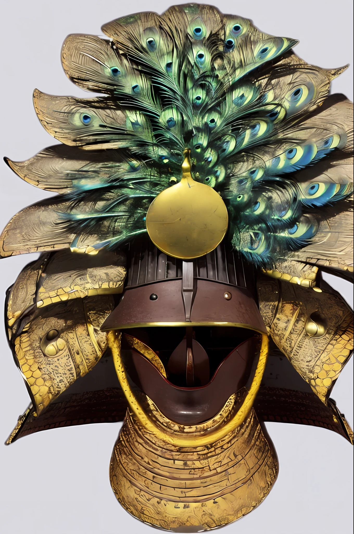 kabuto \(helmet\), Simple background, neko, Samurai, (peacock:1.2), gold, Cord, Tengu，