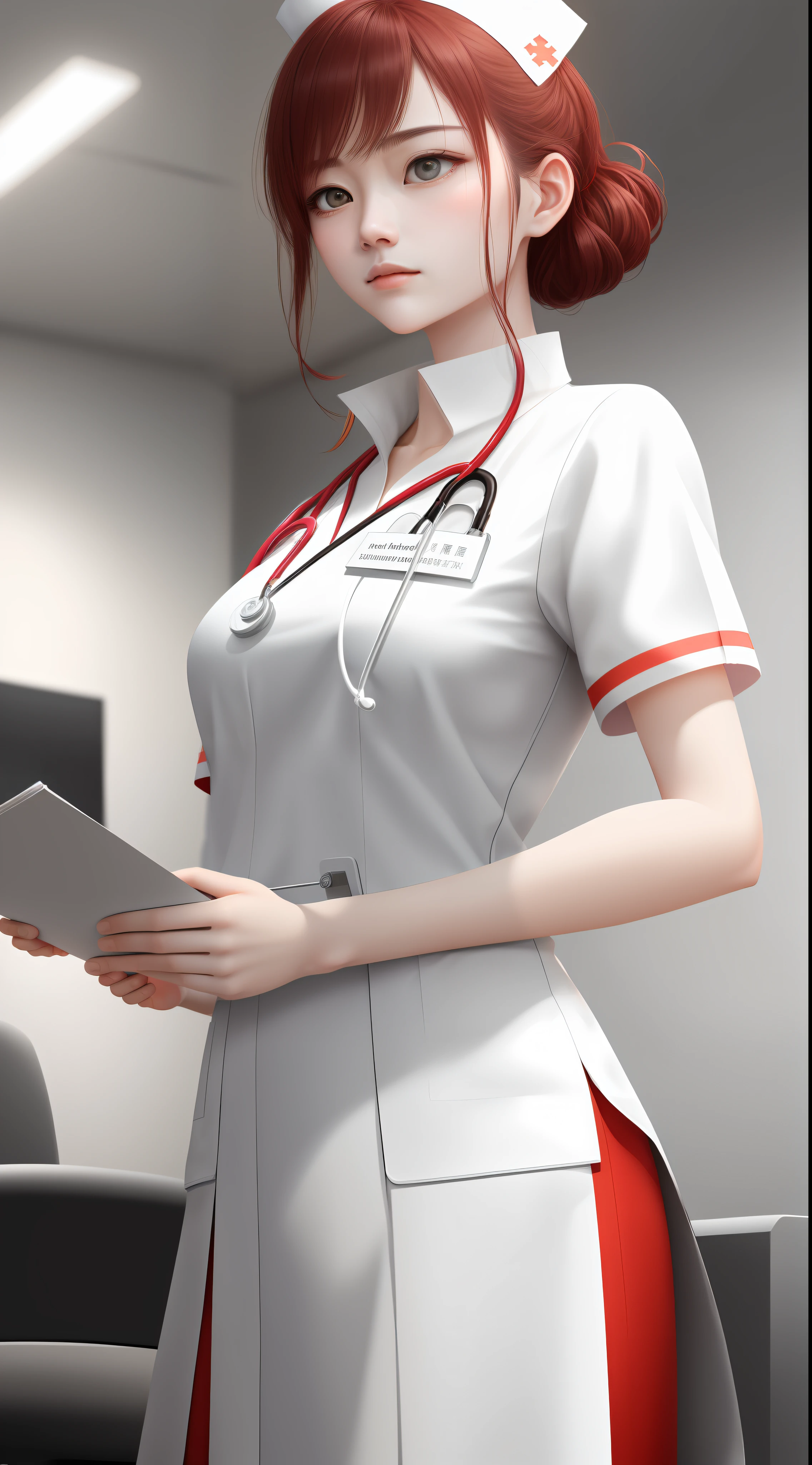 （tmasterpiece），best qualtiy，超高分辨率，Precise CG details，The delicate emotional communication between the medical nurse and the patient，Smart stance and bright red，Clear and sharp expression，Contrast of medical plain white clothing，Soft interweaving of light and shadow。