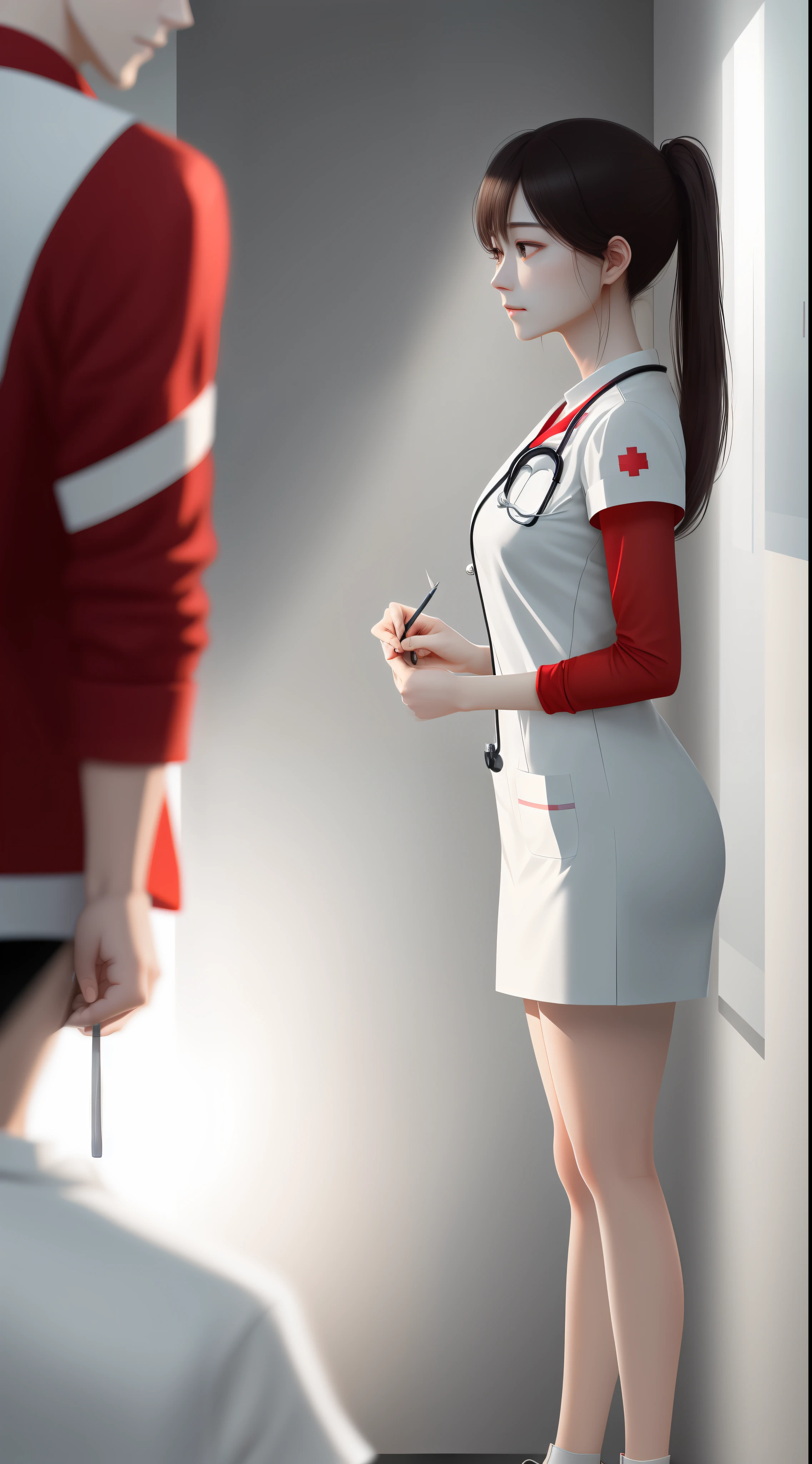 (tmasterpiece),best qualtiy,超高分辨率,Precise CG details,The delicate emotional communication between the medical nurse and the patient,Smart stance and bright red,Clear and sharp expression,Contrast of medical plain white clothing,Soft interweaving of light and shadow。