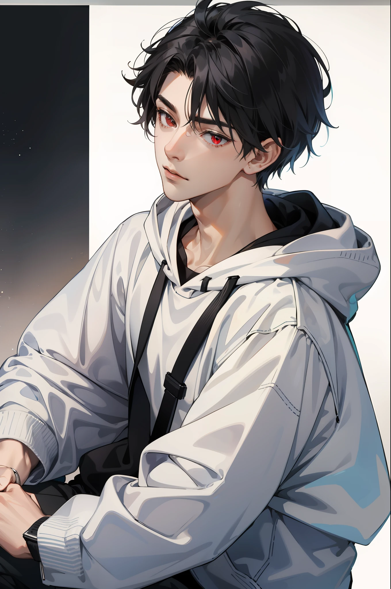 a young man in his mid-16s with white skin, red eyes, black hair,double bangs wearing a hoodie