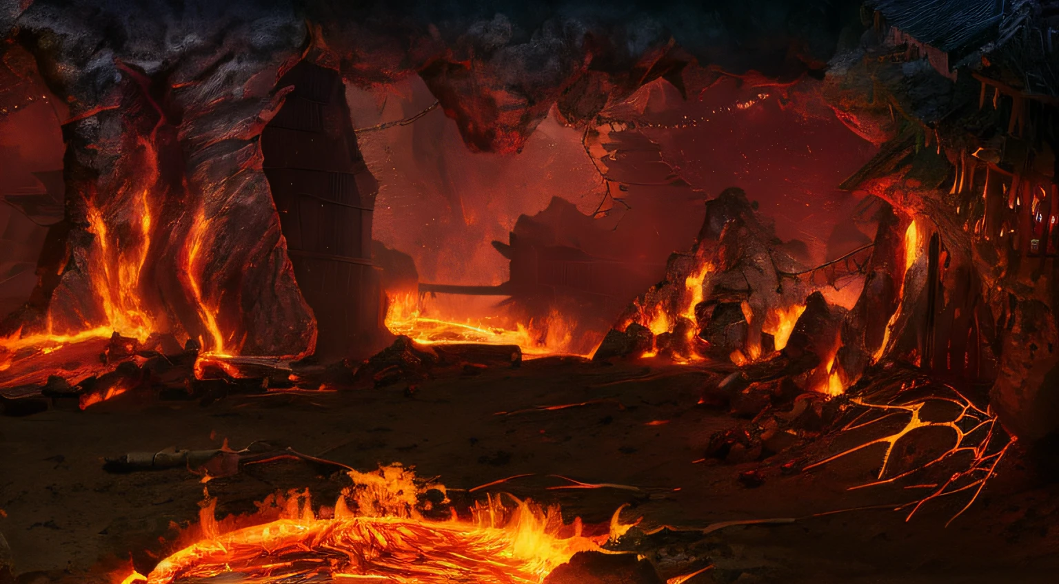 There is a fire pit in the middle，There is lava and lava in the middle, Hell background, firey environment, Hellfire background, background artwork, fantasy apocalypse environment, Hellscape, dota! matte painting concept art, Burning battlefield background, an ancient city on fire, volcanic workshop background, dota matte painting concept art, magma and lava, Blazing flames and blazing lava, fire and lava