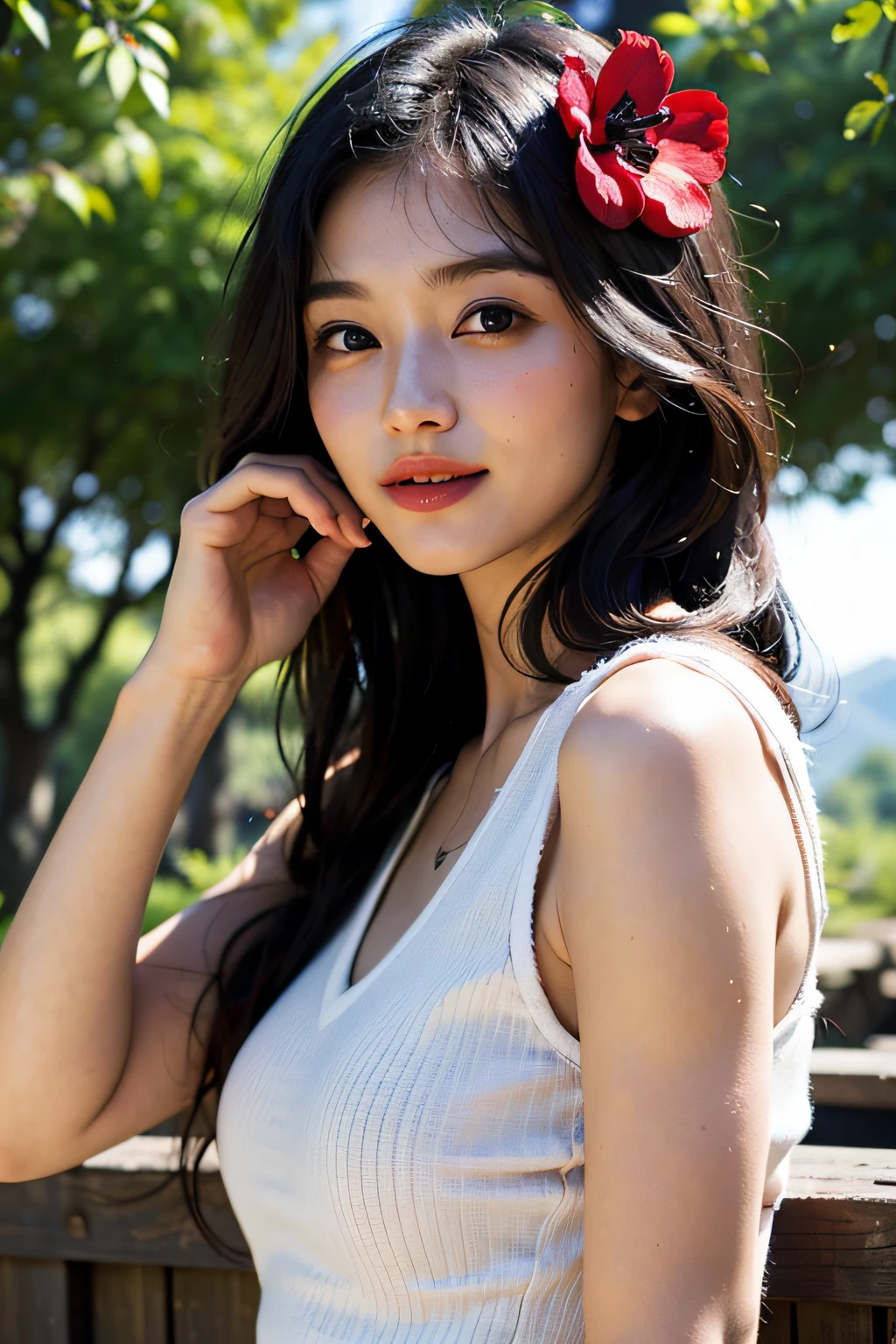 (in 8K、 Raw photography、top-quality,、hight resolution),、(hyper realisitic)、(realisitic),、Soft light、、girl with、Lifelike face、Realistic body、real looking skin、absurderes、masterpiece、Cuties、独奏、Innocent eyes、blusher、Cinema Lights、cherry colored lips、The hair 、a closeup、looking at viewert、 Open lips,、Upper teeth,、(Smiling eyes:0.6)、eyes focus、professionally lit、CG Social Trends、Plastic En、((Black Long Hair))、((Beautuful Women))、(A smile)、Fashionable、(A sexy)、Hair that flutters in the wind、((Flowing hair))、Happy -、fashion magazine、((lighting like a movie))、(the woods)、((mountain hut))、the morning sun、((Red Flower Hair Ornament))