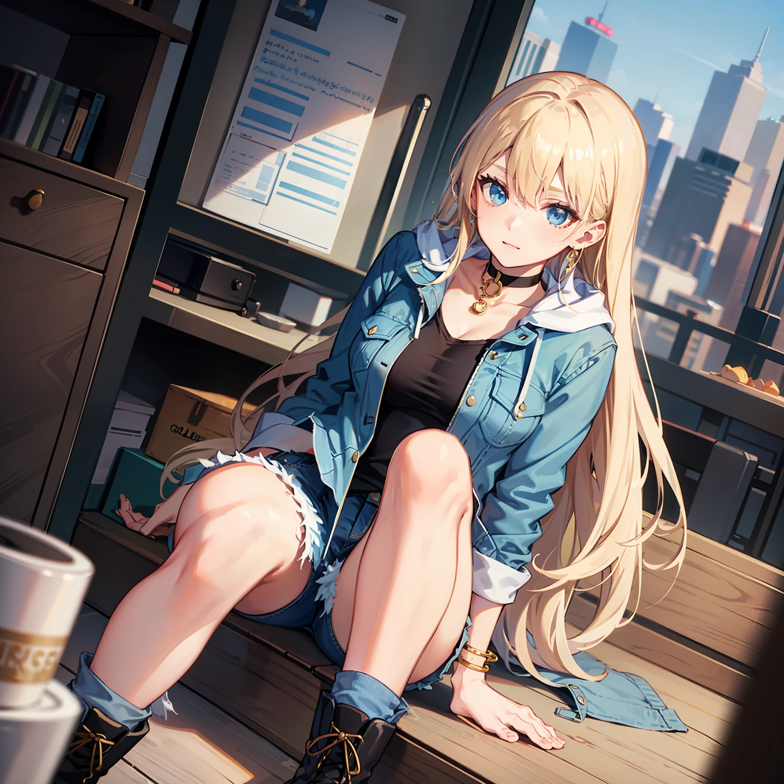 American women, Golden long hair, Light blue eyes, choker necklace, Hoodie, blazer jacket, Hot jeans, Desert boots, Heroes, Anime figure