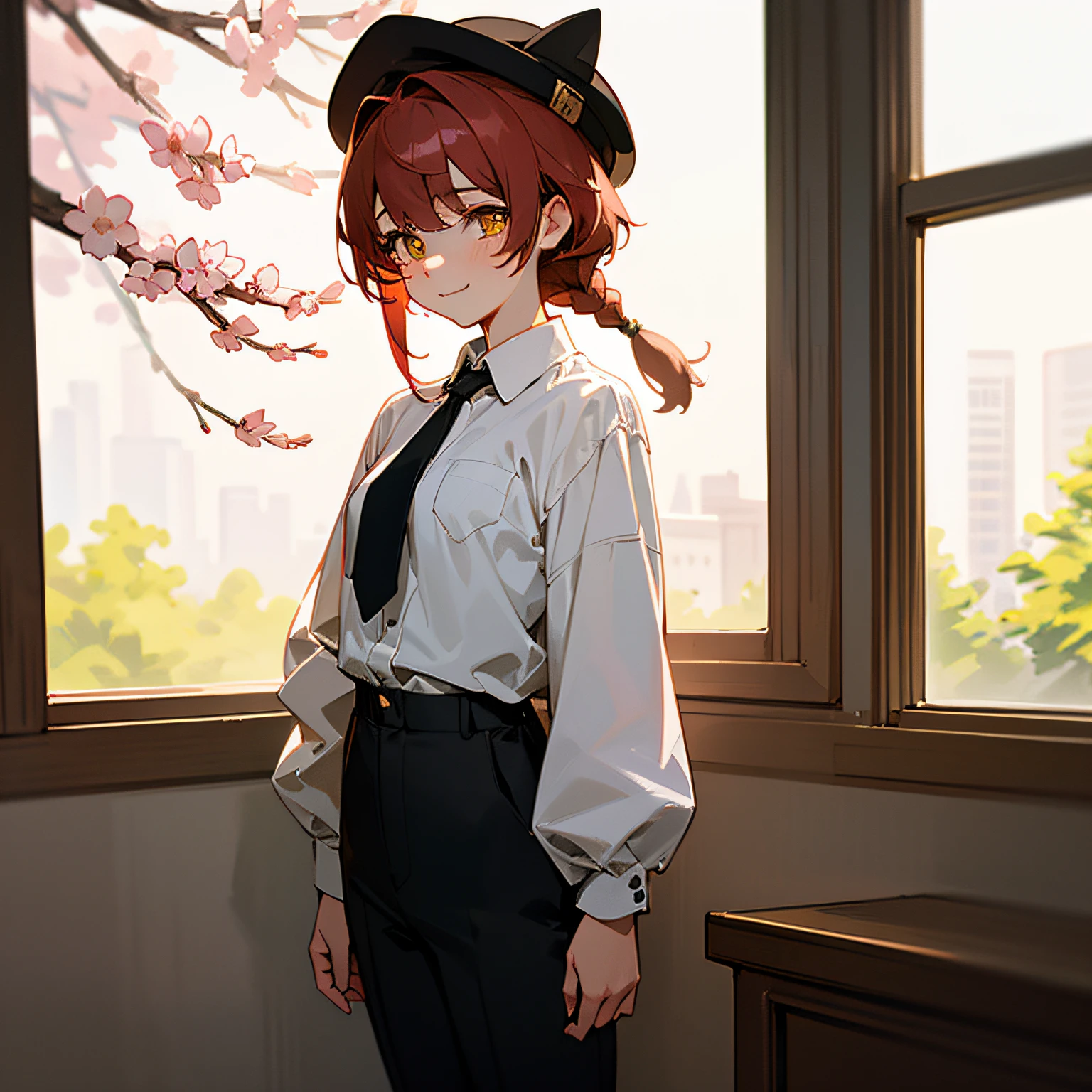 The pet girl of Sakura Sho，Detailed shiny skin，（fidelity，fidelity：1.4），a pretty girl，are standing，Look out the window，white  shirt，collared shir，Black tie，Black pants，longer sleeves，ssmile（Nasal redness），yellow eyes +dark circles，short detailed hair+redheadwear+long braid --auto