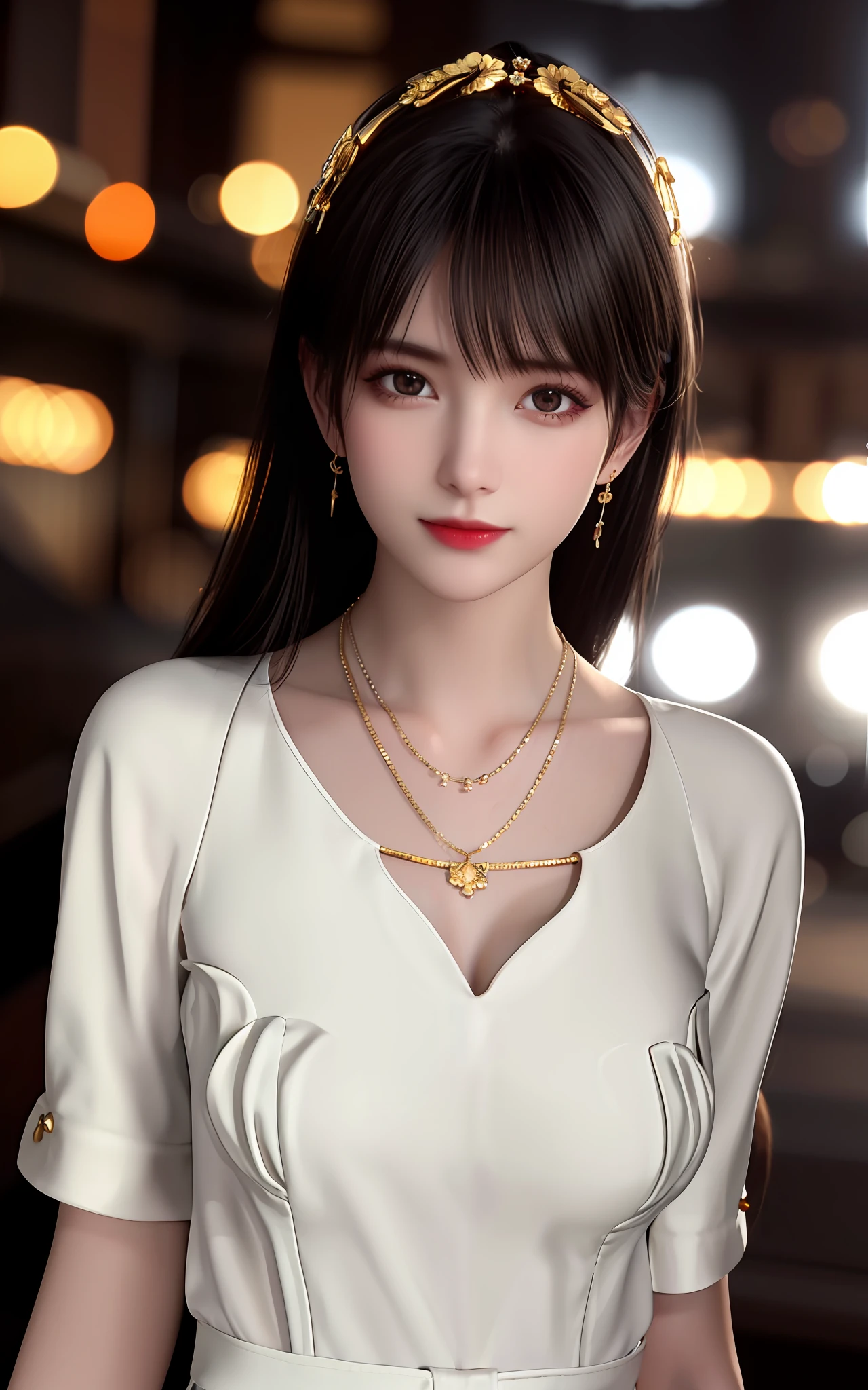 best quality, masterpiece, high resolution, 1 girl, porcelain dress, hair accessory, necklace, jewelry, beautiful face, upon_body, tyndall effect, realistic, dark studio, edge lighting, duotone lighting, (high detail skin:1.2), 8k ultra hd, DSLR, soft lighting, high quality, volumetric lighting, frank, photos, high resolution, 4k, 8k, bokeh, .gold style, architecture