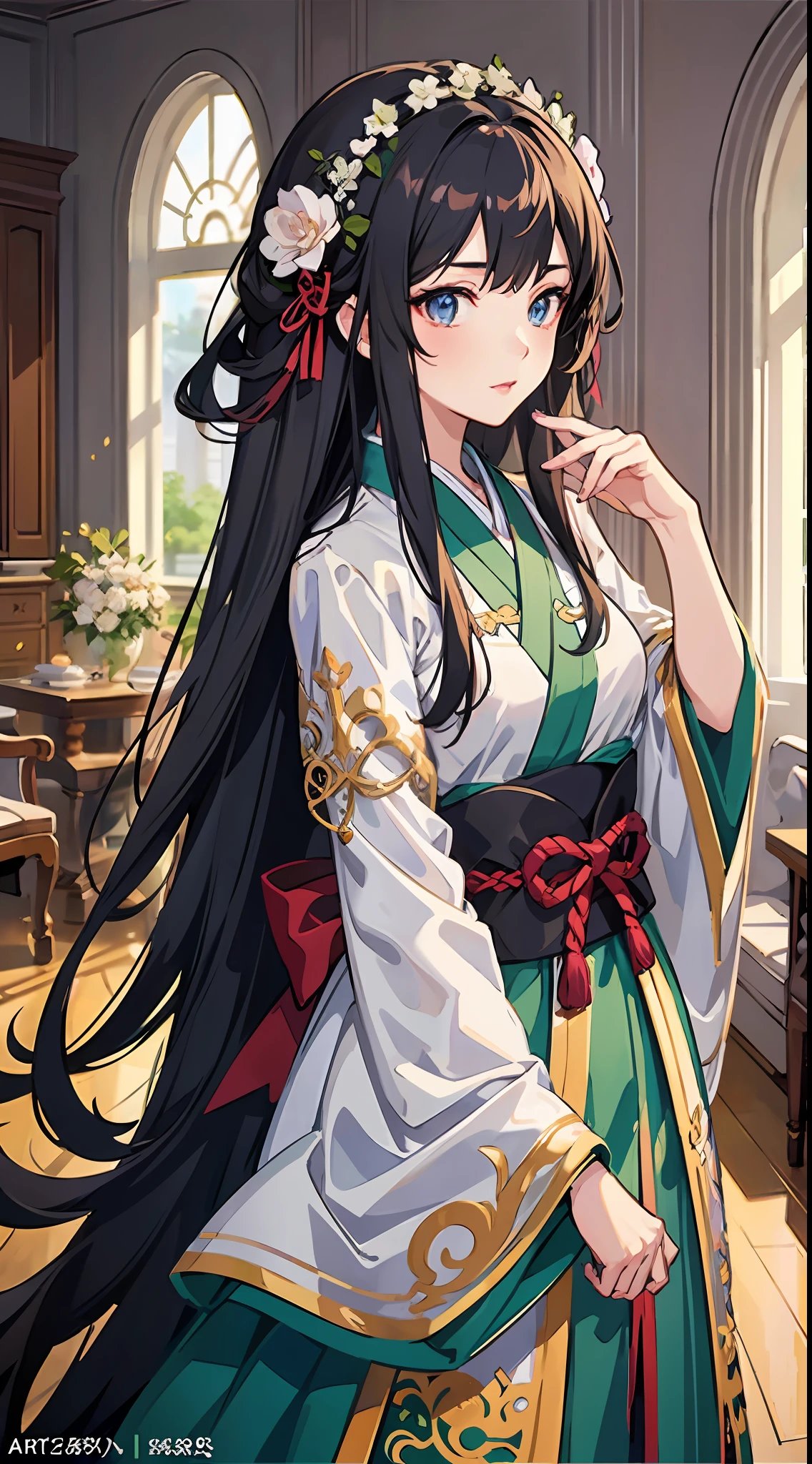 anime girl with long hair and a flower crown in a room, palace , a girl in hanfu, detailed digital anime art, kawacy, high detailed official artwork, guweiz on pixiv artstation, trending on artstation pixiv, intricate ornate anime cgi style, detailed anime artwork, anime fantasy illustration, detailed anime art, 8k high quality detailed art