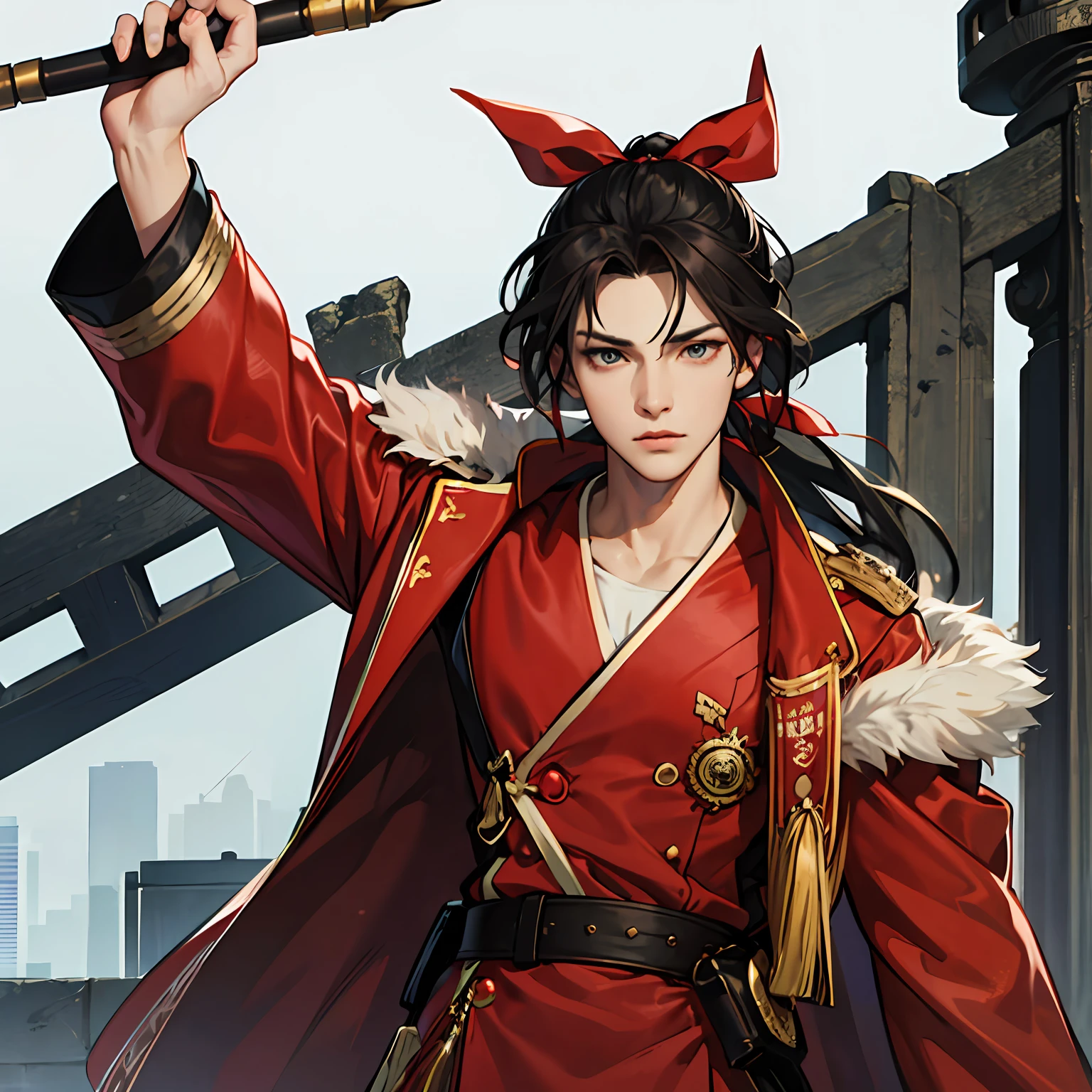 Black hair, hair over shoulders, Messy hair, Long hair, pony tails, hair splayed out, Hair ribbon, long eyelasher, Amber eyes, Determined, Redcoat,Anime style, Commoner, Textured skin, A high resolution --auto