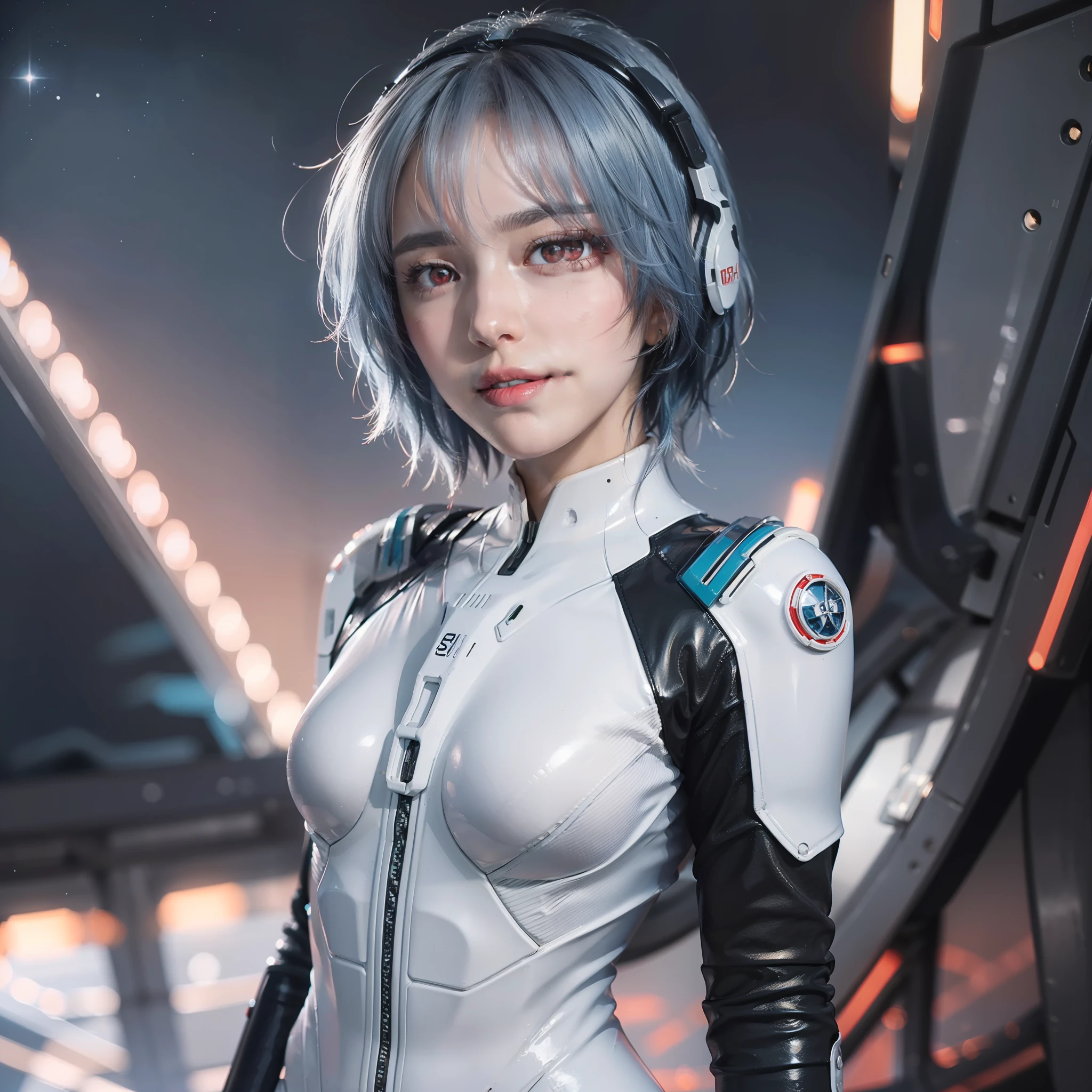 ayanami rei, star_\(sky\), sexy expression, sexy eyes, (red_eyes:1.5), medium breasts, smile, cute, (short blue hair), plugsuit, white_bodysuit, pilot_suit, starry_sky, interface_headset, looking at viewer, (stand pose:1.2), (breast focus:1.2), (realistic:1.2), (cowboy shot: 1.2), (realism), (masterpiece:1.2), (best quality), (ultra detailed), (8k, 4k, intricate), (85mm), light particles, lighting, (highly detailed:1.2), (detailed face:1.2), (gradients), colorful, (detailed eyes:1.2), (detailed sky:1.2), (detailed background), (dynamic angle:1.2), (dynamic pose:1.2), (Line of action:1.2), wide shot, nightlight, solo.