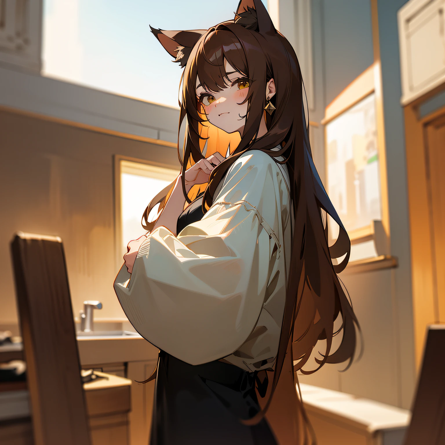 The pet girl of Sakura Sho,Detailed shiny skin,(fidelity,fidelity:1.4),a pretty girl,are standing,Look out the window,white shirt,collared shir,Black tie,Black pants,longer sleeves,ssmile(Nasal redness),yellow eyes +dark circles,short detailed hair+redheadwear+long braid --auto