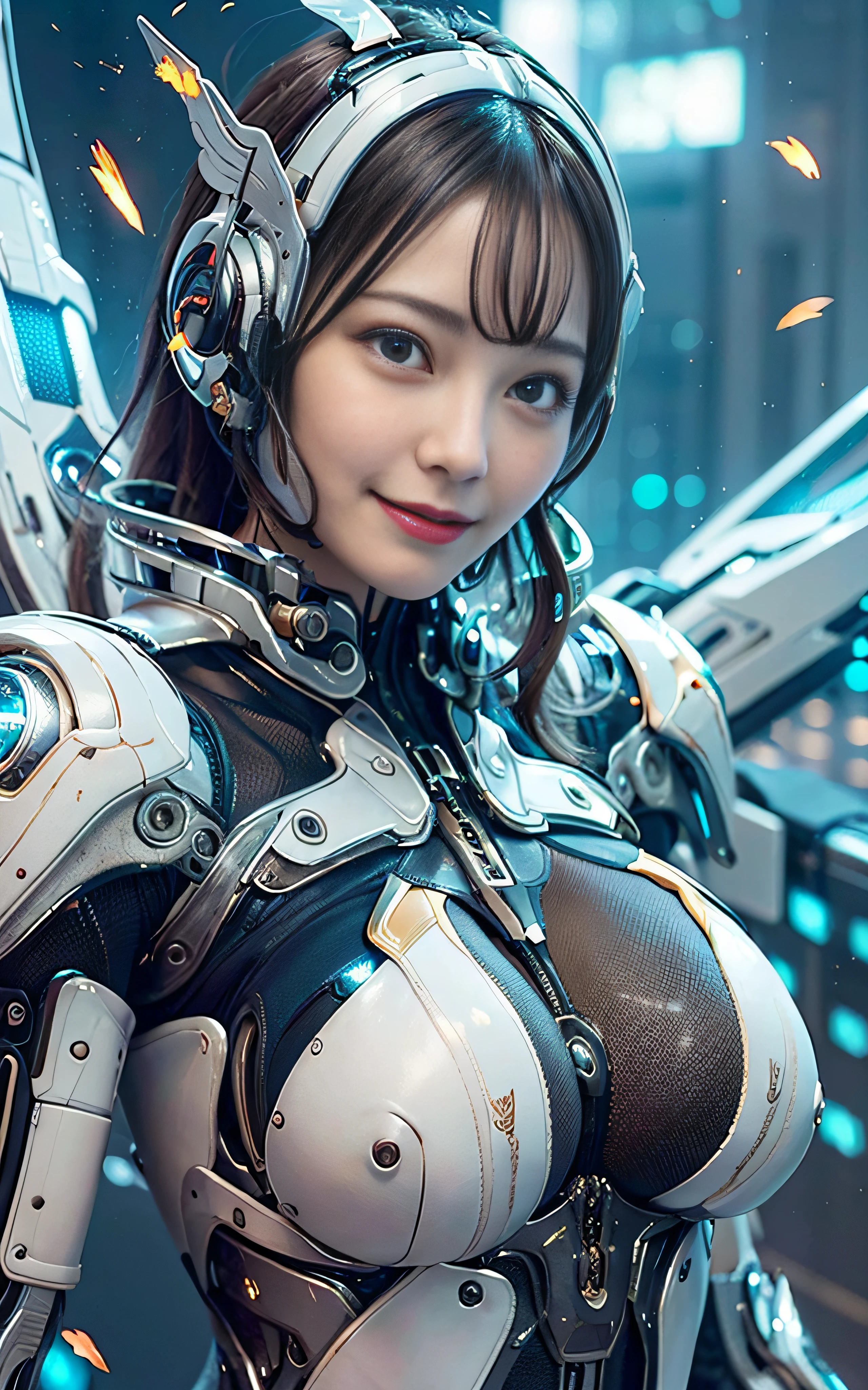 masterpiece, top-quality, hightquality, (the future:1.1), (Cyberpunk clothing), movie lights, (exquisite future), Beautiful and beautiful, ultra-detailliert, amazing composition, floating, depth of fields, (extremely details CG,Unity 8k壁纸), (beautiful detail background), beautiful hair details, dramatic lights, gogetta, mechs,Best Quality,超A high resolution,photoRealstic,tits out,cleavage of the breast,((Fly in the sky with your whole body)),(Hair that flutters in the wind),cute smile face,(Frolic happily),((machine wings)),Clench your fists