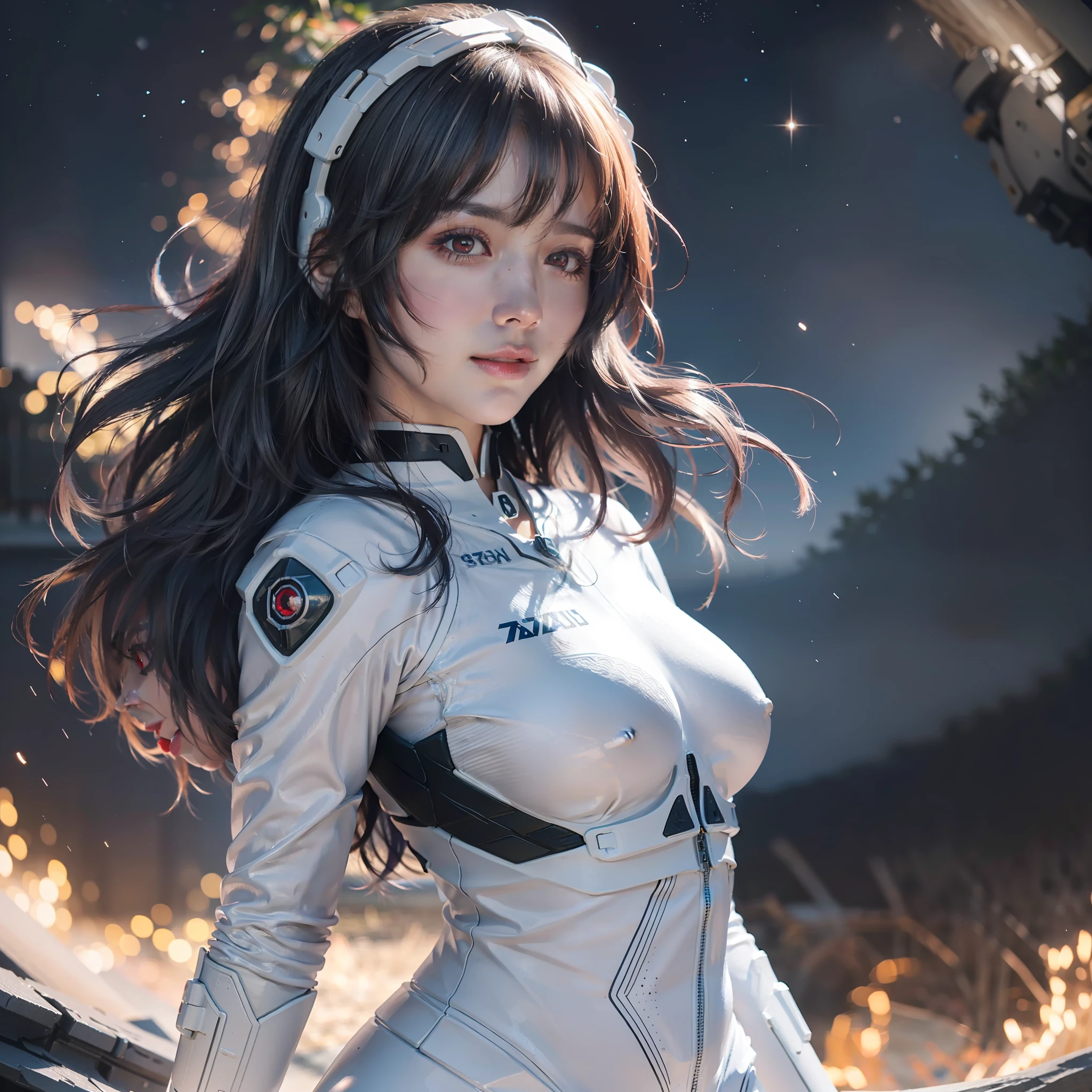 ayanami rei, star_\(sky\), sexy expression, sexy eyes, (red_eyes:1.5), medium breasts, smile, cute, (short blue hair), plugsuit, white_bodysuit, pilot_suit, starry_sky, interface_headset, looking at viewer, (stand pose:1.2), (breast focus:1.2), (realistic:1.2), (cowboy shot: 1.2), (realism), (masterpiece:1.2), (best quality), (ultra detailed), (8k, 4k, intricate), (85mm), light particles, lighting, (highly detailed:1.2), (detailed face:1.2), (gradients), colorful, (detailed eyes:1.2), (detailed sky:1.2), (detailed background), (dynamic angle:1.2), (dynamic pose:1.2), (Line of action:1.2), wide shot, nightlight, solo.