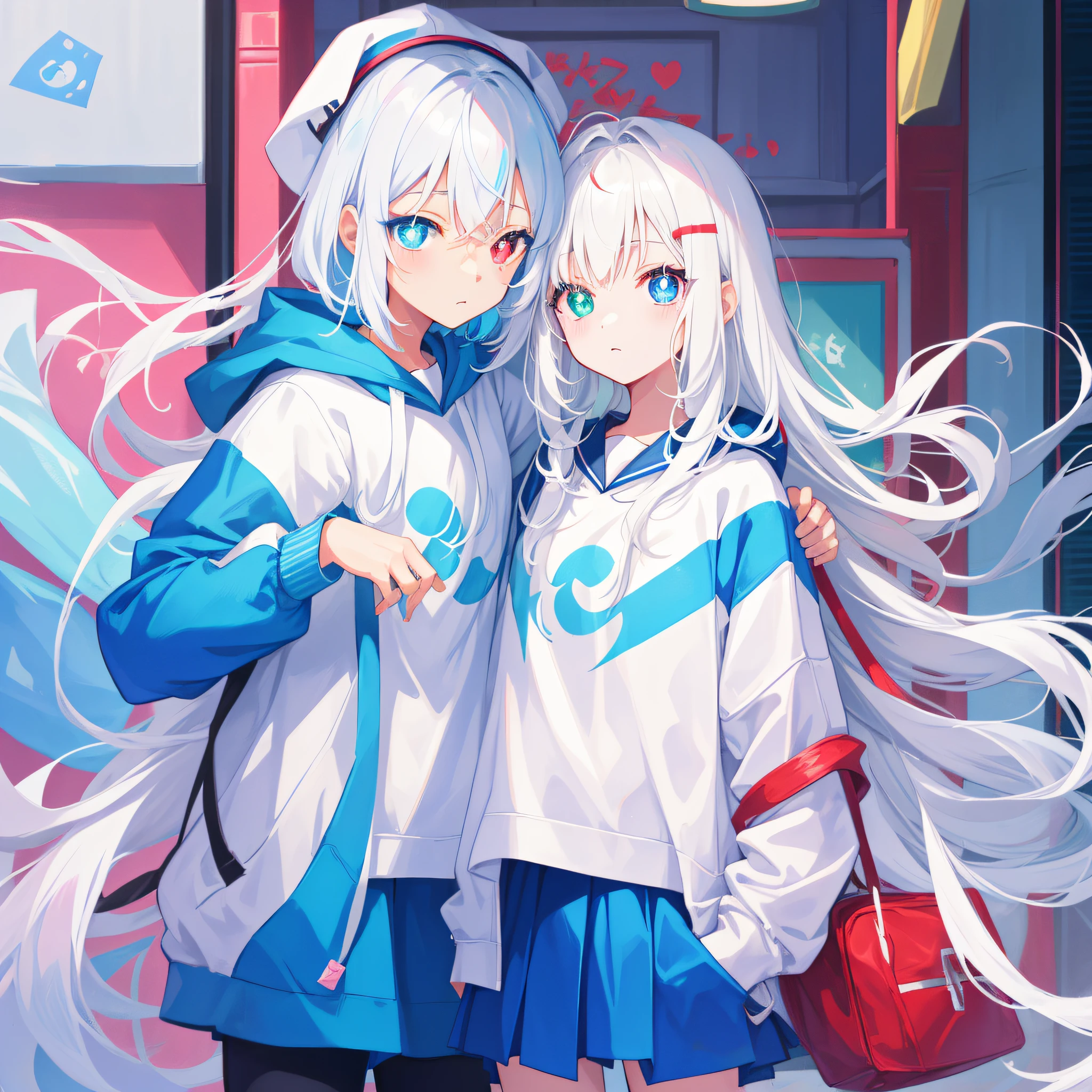 Anime characters with white hair and blue eyes, anime visual of a cute girl, Anime moe art style,Girl with short white hair, Shoujo white hair young anime girl, official character art,Sweatshirt school uniform，teens girl，White color hair，red hairband，Heterochromic pupils，tilts your head，face expressionless,underage，flatchest，apathy