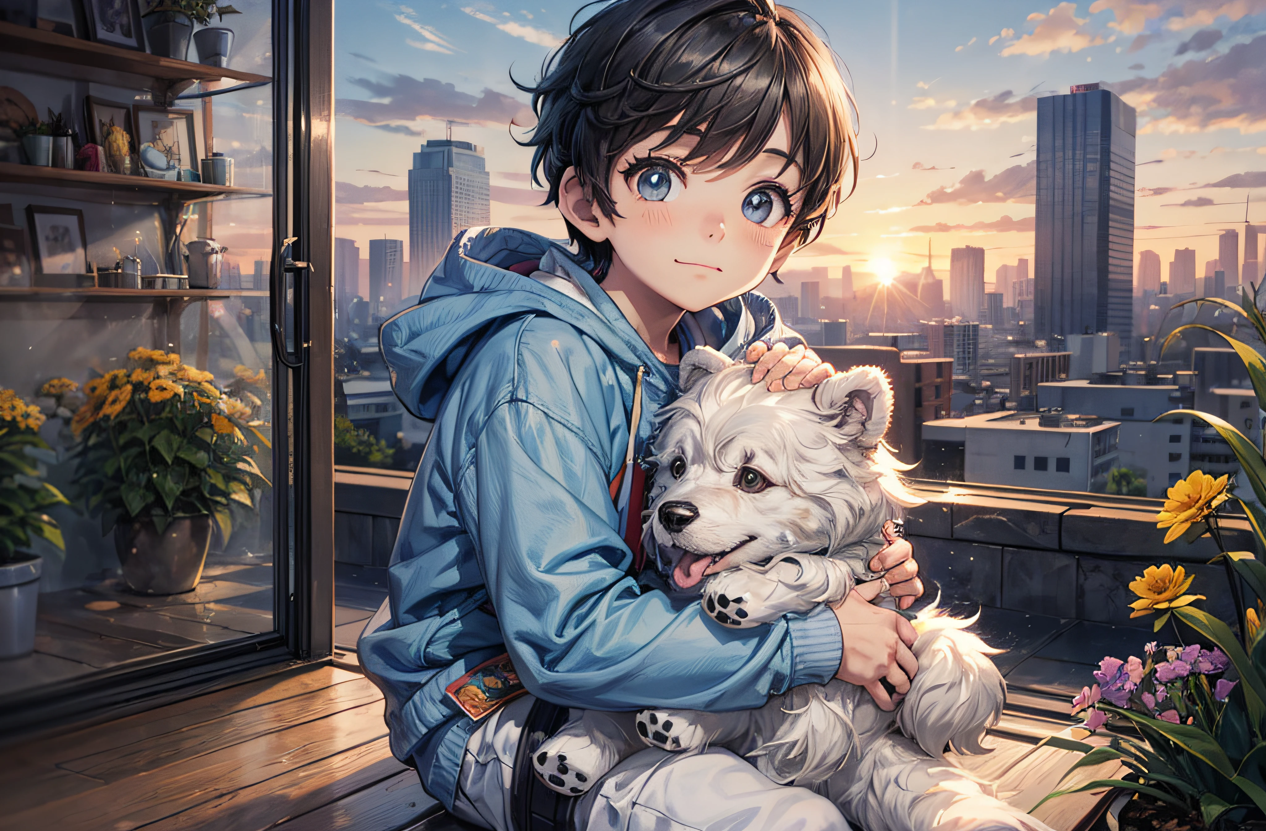 A happy ********** and a teddy bear dog，Full body photo sitting on the roof，Short blue-gray sweatshirt，Blue sneakers，with flowers and plants，kotori，in style of hayao miyazaki，A sad **********，face round, Big eyes, Long eyelashes，Sunset Sunset