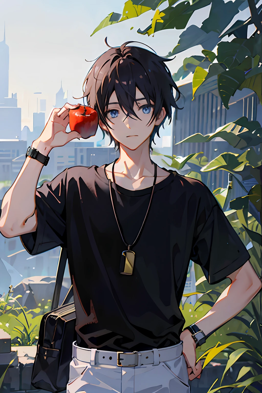 1boy, apple, bag, bangs, berry, black hair, black shirt, blue eyes, hair between eyes, jewelry, leaf, looking at viewer, male focus, necklace, pants, shirt, solo, watch, white pants, wristwatch, messy hair, trending on artstation, 8k resolution, highly detailed, anatomically correct, sharp image, digital painting, concept art, trending on pixiv, style of makoto shinkai,