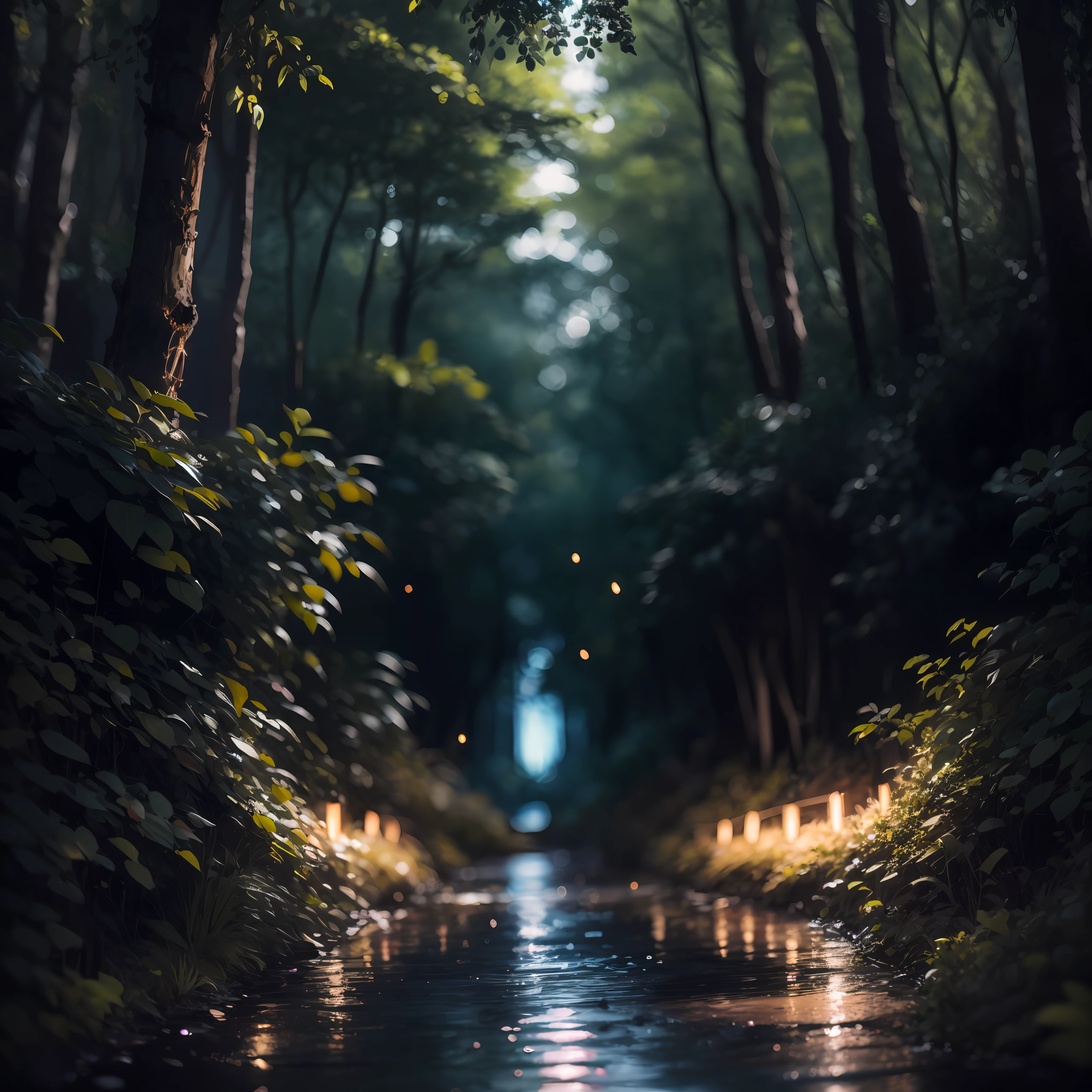 a picture taken from a video game of a forest with a stream of water, magical forest with fireflies, anime lush john 8k woods, glowing forest, magical forest, magical forest backround, magical environment, firefly forest at night, fireflies flying in the forest, magical fantasy forest, in a magical forest, in the magical forest, glowing lights! digital painting --auto --s2