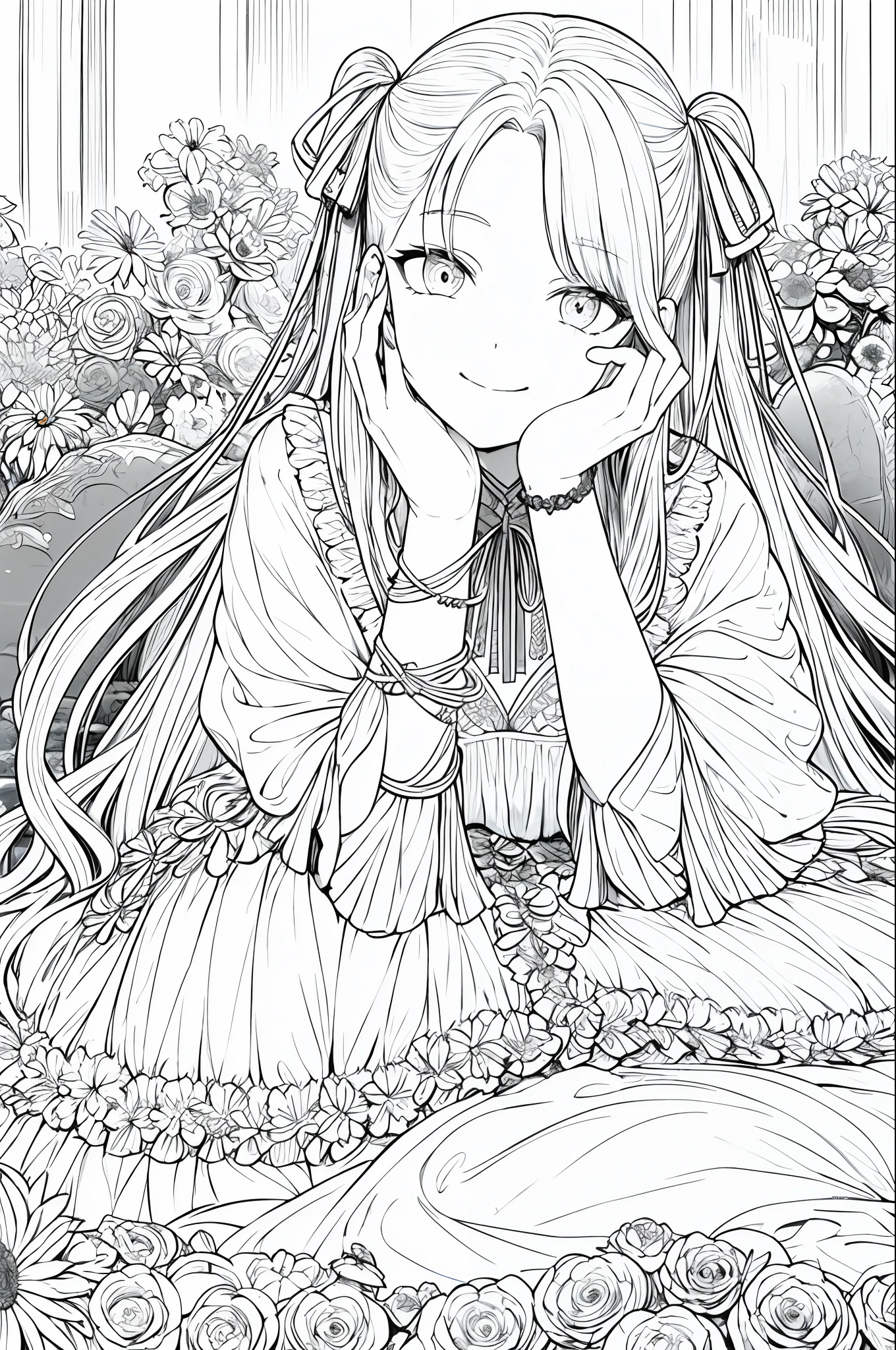 masterpiece, best quality, 1girl, solo, long_hair, looking_at_viewer, smile, dress, ribbon, jewelry, very_long_hair, hair_ribbon, flower, bracelet, two_side_up, hand_on_own_face, head_rest, hand_on_own_cheek, lineart, monochrome,