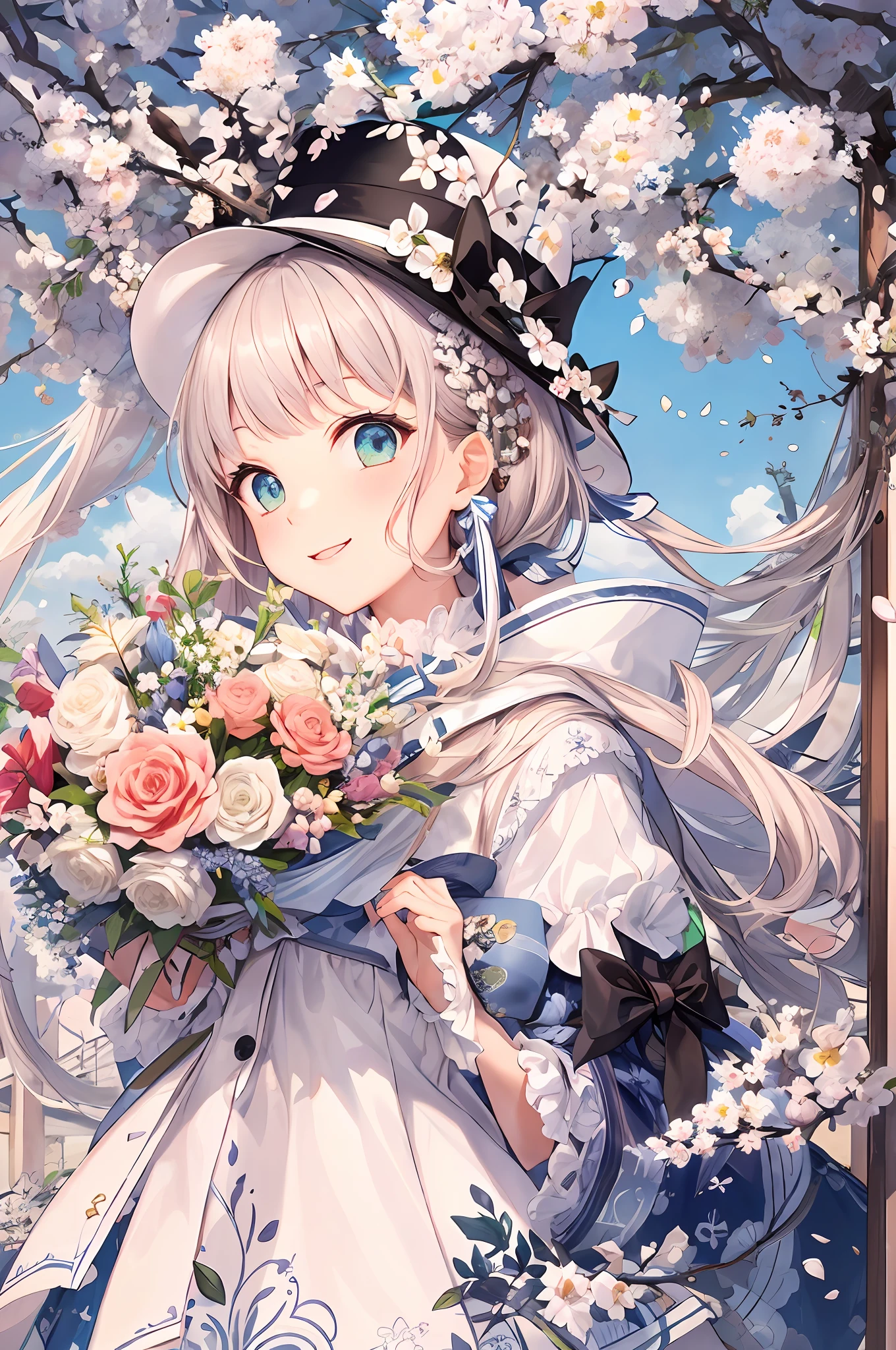 tmasterpiece, Better quality, 1 Barbie, Solo, Long hair, looking at viewert, ssmile, rim, a skirt, Camisa, longer sleeves, Hats, shift dresses, the bow, participate, Keep one's mouth shut, florals, Frilly, hair flower, Flower petals, flower bouquet, Clipping, Flower-filled bouquet, rice field, florals, rice field,