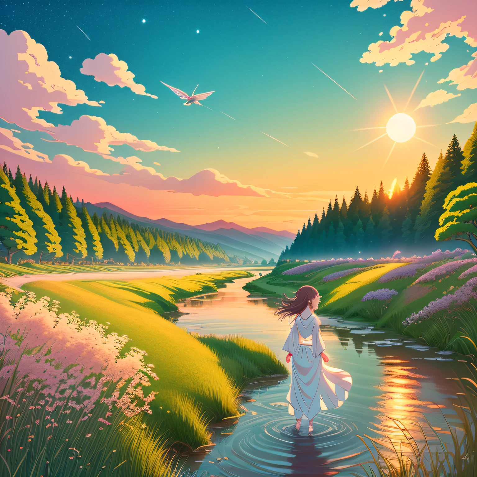 Japanese anime style,Meadows by the river,The afterglow of the setting sun,The back of the girl in a white dress,Starry sky,Long hair flying,The moment the wind blows。