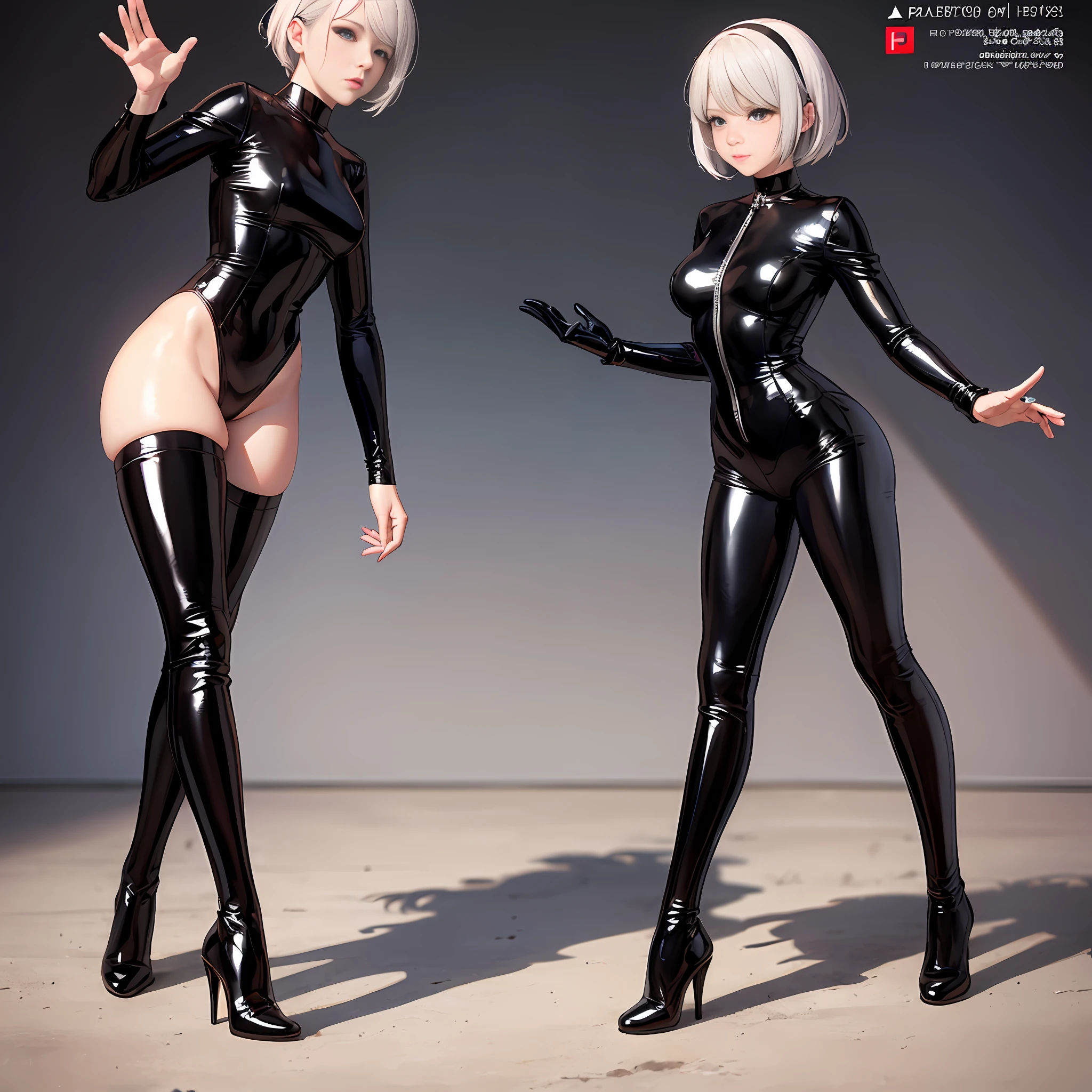 Alafi posing in a black latex suit and patent leather thigh boots, Full body CGsociety, 2 b, 2b, photorealistic anime girl rendering, photorealistic full body, very sexy outfit, realistic shadow perfect body, wearing black latex clothing, nier inspired, photorealistic perfect body, Sexy pose, Sexy outfit, sexy dominant pose, black latex, Shiny white skin，standing on your feet，Body palmistry --auto