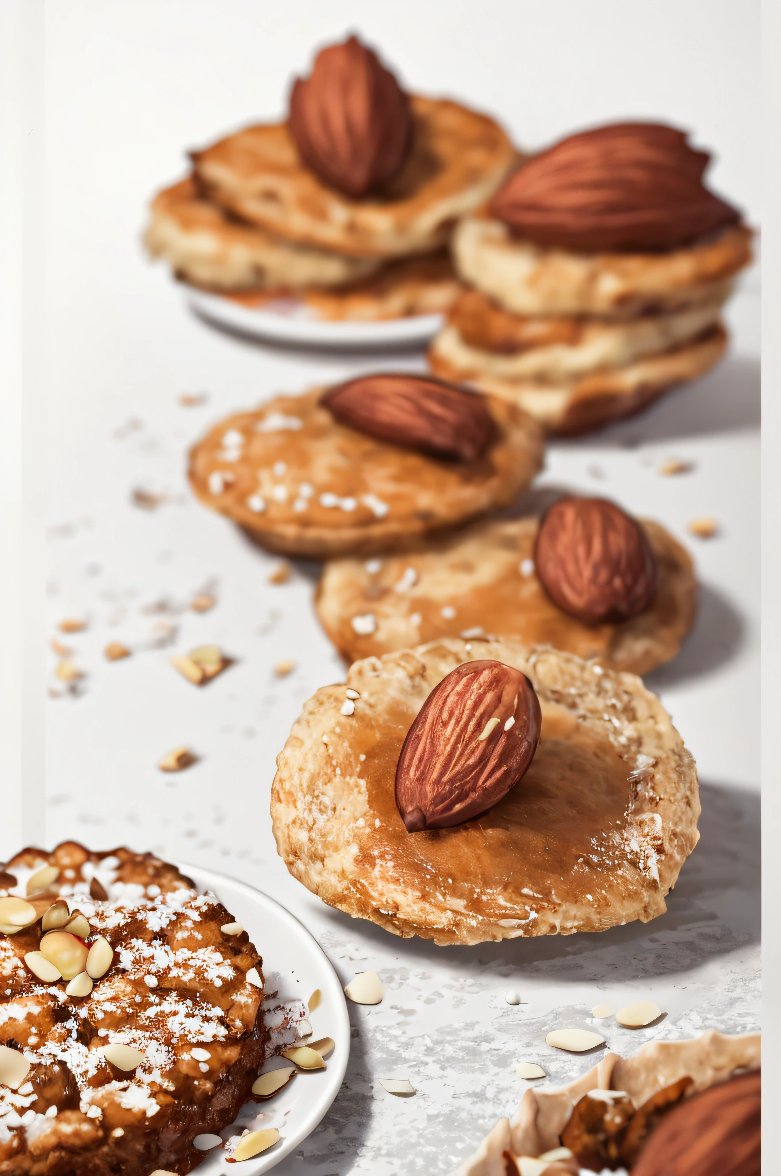 There are three crackers with almonds on a white surface, very crisp, crisp photos, Snacks, On White Background, crisp image, mouthwatering, cheesy, Award-winning crisp details", Award-winning crisp details", Crisp details, confections, close up food photography, pastels, nutty, by Emanuel de Witte, luscious patty with sesame seeds, Pastries