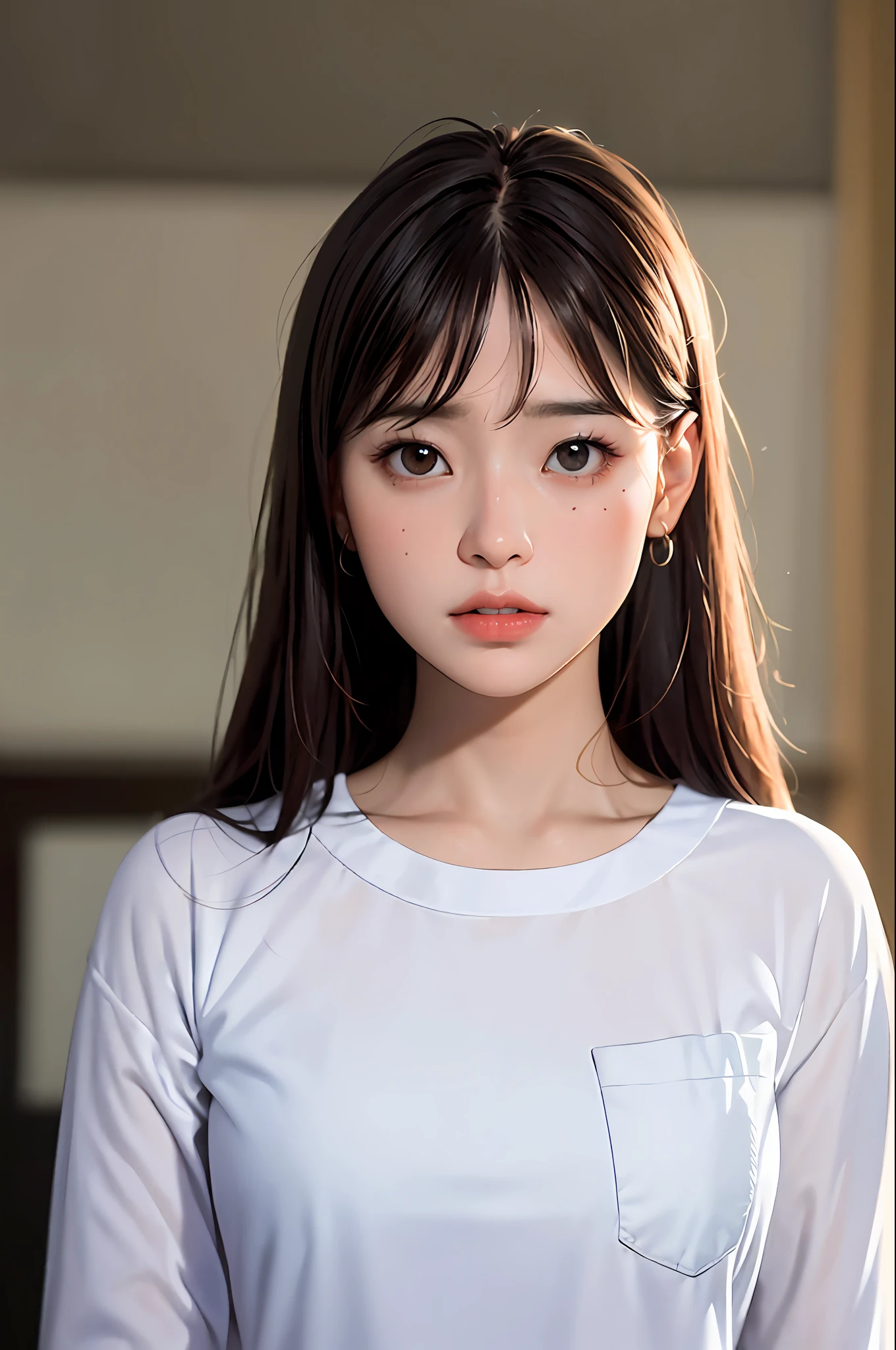Masterpiece, best quality, (dark photo: 1.3), realistic, 1girl, flat bangs, stunning innocent symmetrical face, shirt, emotional, ulzzang, (PureErosFace_V1: 0.7)