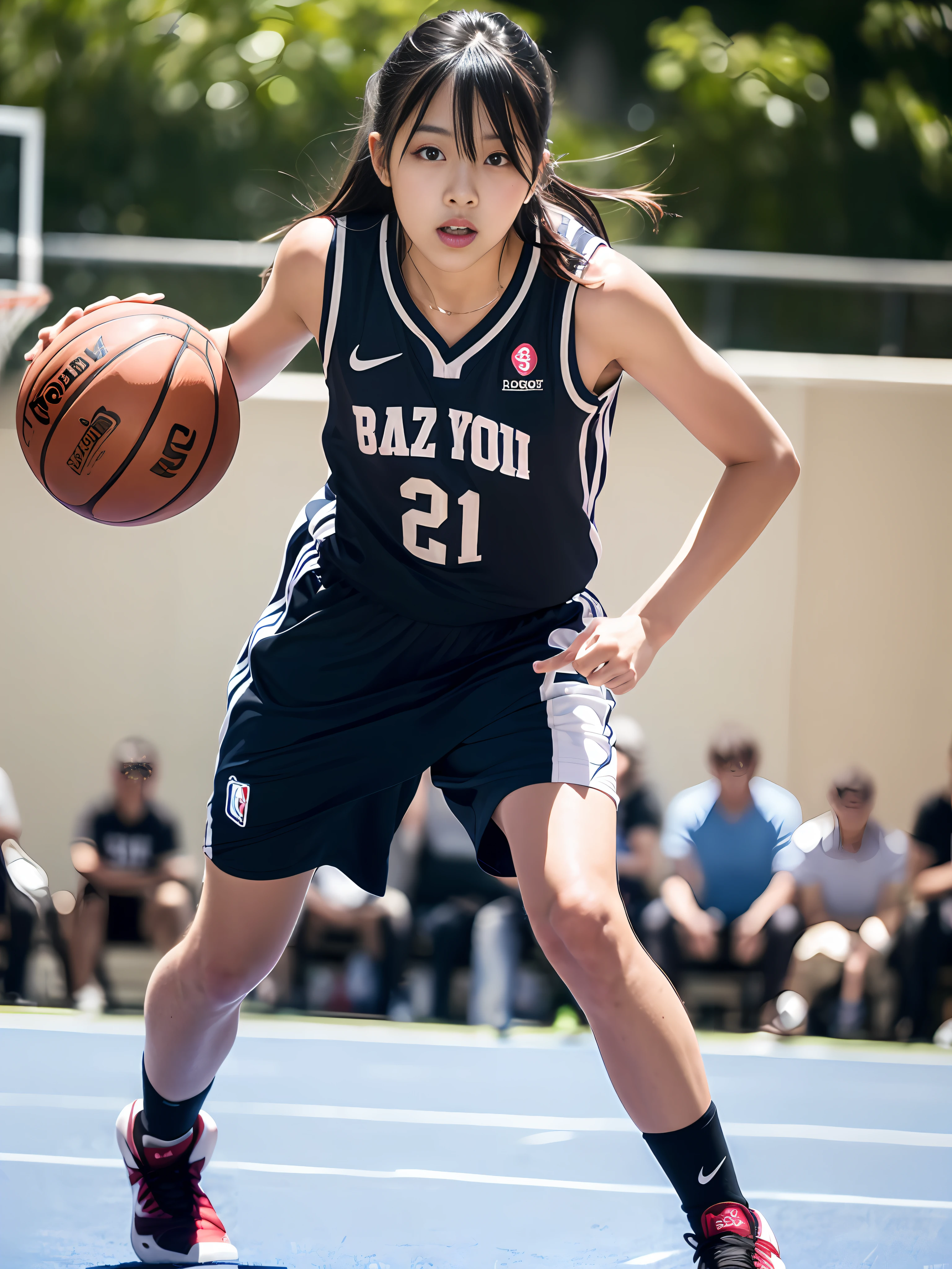 (8k, Best Quality, Masterpiece: 1.2), (Realistic, Realistic: 1.37), Ultra Detailed, Best Quality, Ultra High Resolution, Professional Lighting, Photon Mapping, Radiosity, Physically Based Rendering, Cinematic Lighting, Basketball Court, Depth of Field, Sharpness focus, sunlight, good composition, (bokeh: 1.2) 1girl, solo, (full body), (closed mouth), beautiful and detailed eyes, pose, narrow waist, basketball uniform, black hair, messy hair, long hair blowing in the wind, (ulzzang-6500:1.2) mix4, hiqcgbody