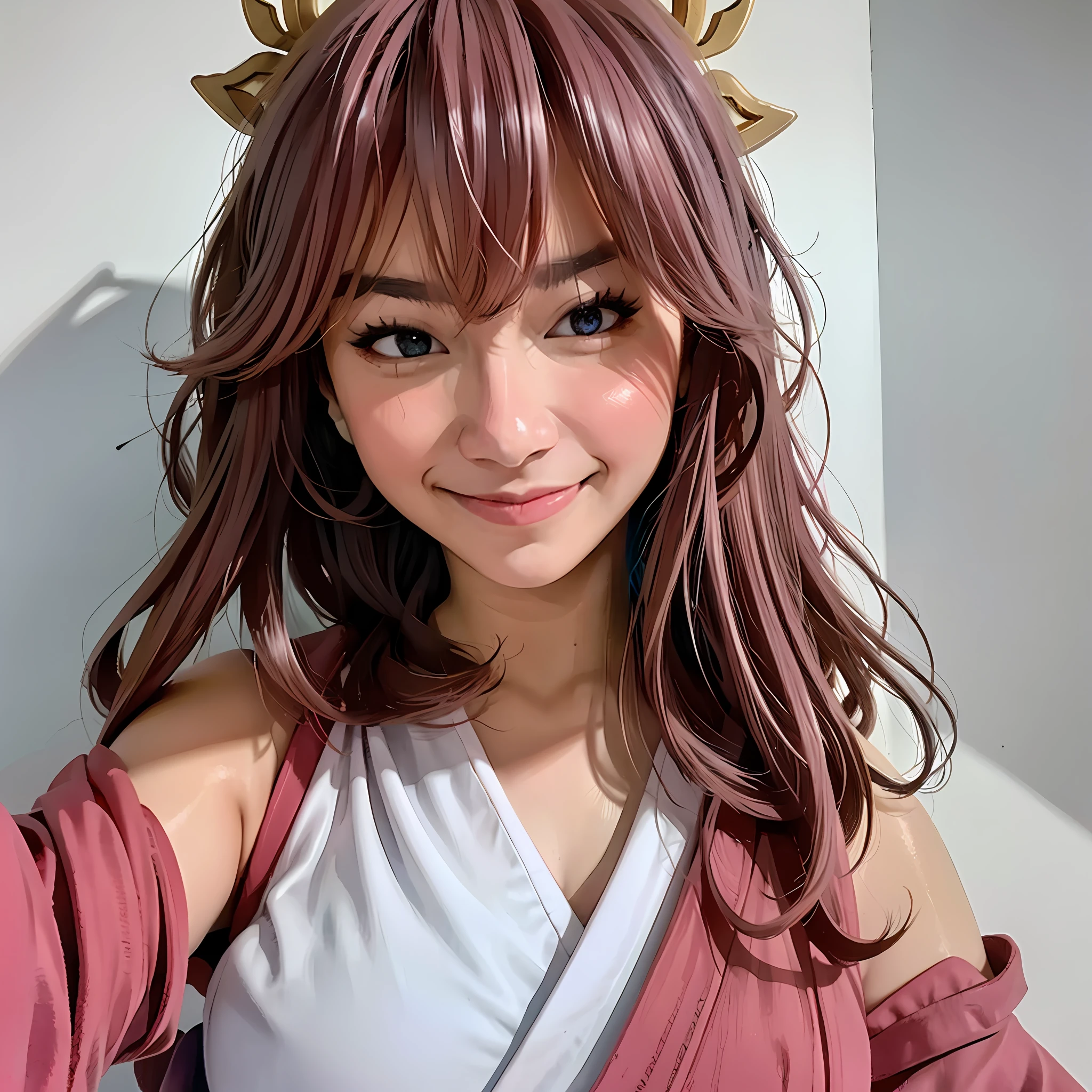 (realistic) portrait of (Freya JKT48), lips, (looking at viewer), solo shot, (RAW photo), captured in ultra-high-definition (8K UHD) with a film grain effect, yae miko, 1girl, \n/, animal ears, bare shoulders, blush, breasts, cherry blossoms, closed mouth, detached sleeves, earrings, flower, fox ears, gem, hair between eyes, hair ornament, hand up, japanese clothes, jewelry, kimono, long hair, looking at viewer, medium breasts, miko, nontraditional miko, pink eyes, pink flower, pink hair, purple gemstone, short kimono, sidelocks, smile, solo, upper body, white kimono, ((masterpiece))