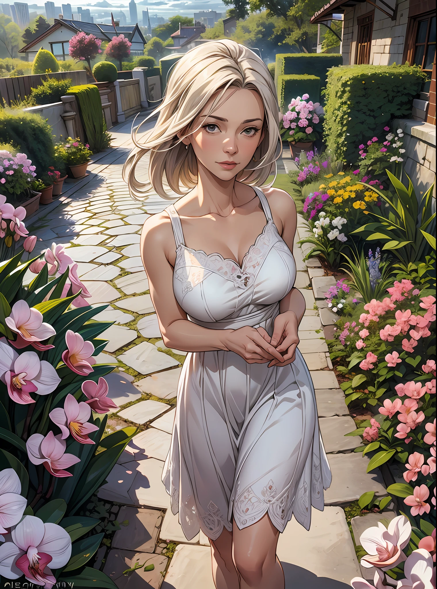 (mature women:1.3), white sundress flying, garden of orchid in the background, sun ray through the grey clouds, realism, view from above