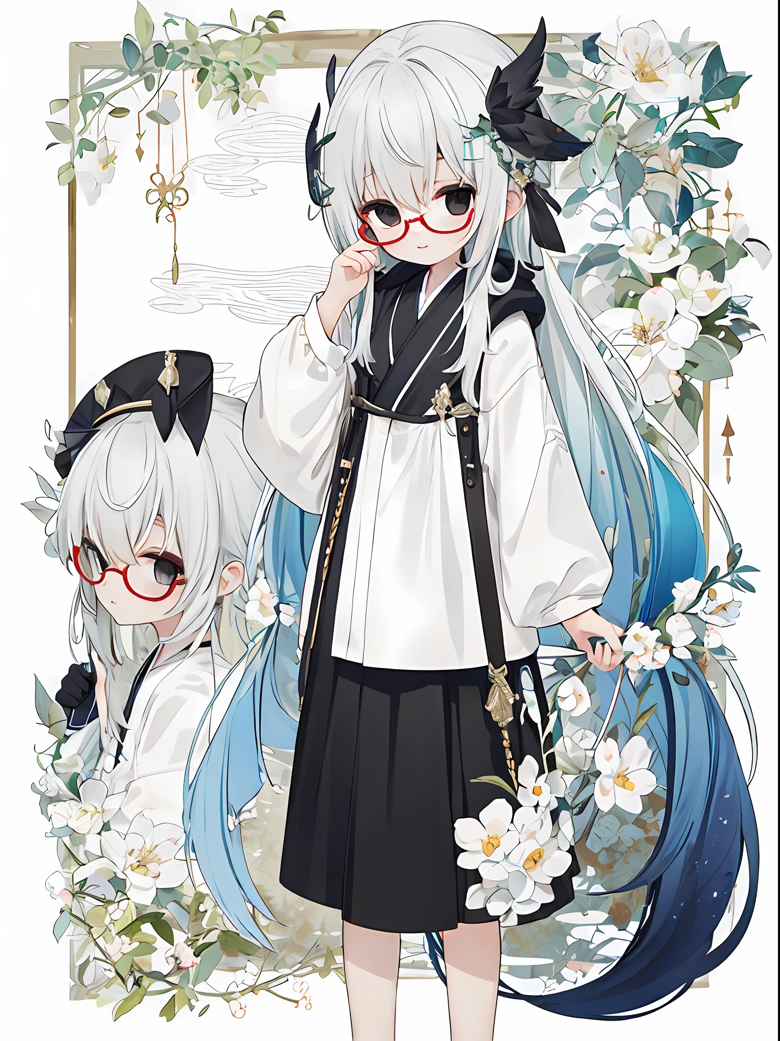 Shota,White Very Long Hair,Black eyes,Wear wire-rimmed glasses