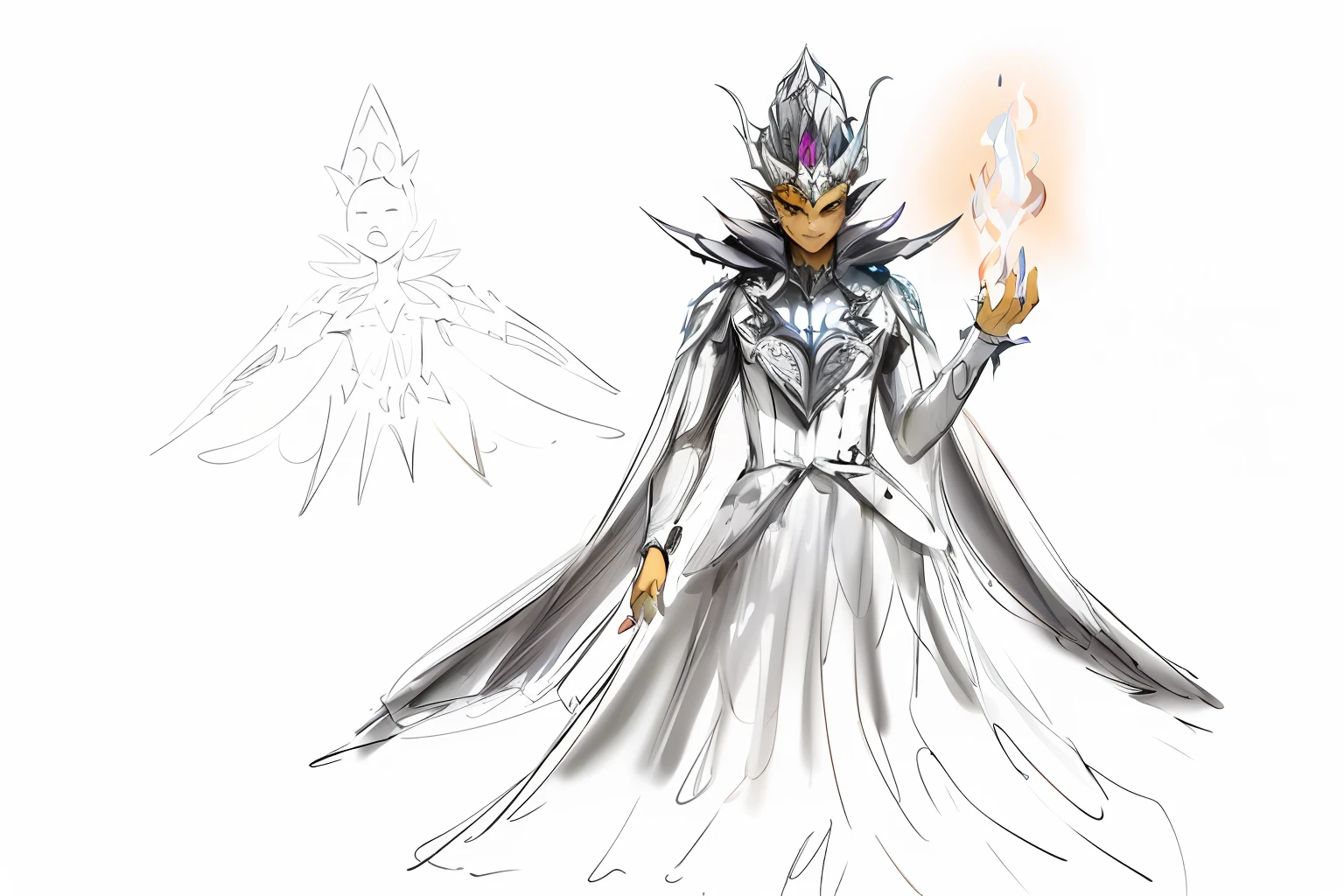 a drawing,A woman in a white dress holds a magic wand, supervillain sorceress witch, evil sorceress, evil sorceress witch, evil sorcerer, demon noble character design, evil male sorcerer, dark witch character, demon soul concept art, evil wizard, fantasy character concept, female lord of change, the dark lord sauron