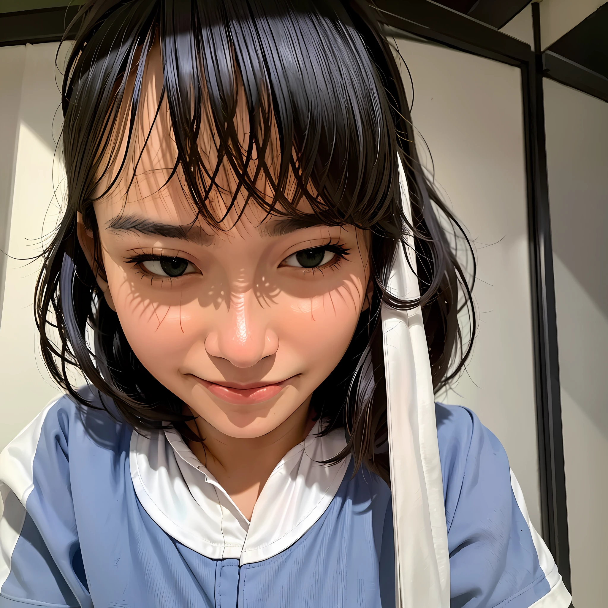 (realistic) portrait of (Freya JKT48), lips, (looking at viewer), solo shot, (RAW photo), captured in ultra-high-definition (8K UHD) with a film grain effect, (3D:0.6,realistic:0.8,photorealistic:0.8),(absurdres,Super-resolution,masterpiece,best quarity,finely detailed,absurdres:1.2),waist-up shot,close distance,audience full of capasity,at stand of soccer stadium,ultras,1female audience,replica soccer shirt,red blush,passionate support,chant,shout,delight,joy,sweat,towel muffler,