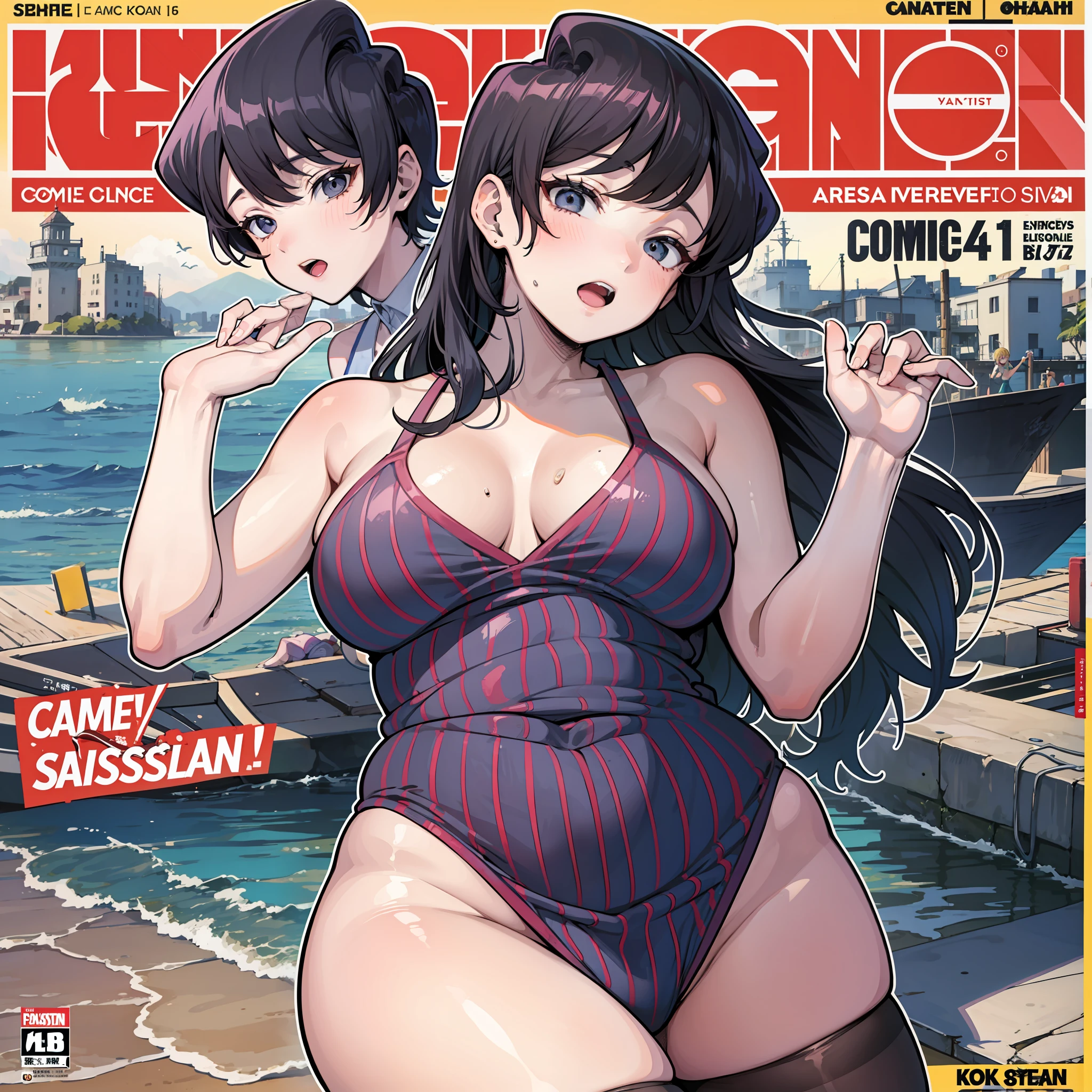 Komi Shuuko,Comic cover style,Comic title,Mature woman,Skimican style,A loving expression,Seaside vacation,Passionate,Tight one-piece stockings outline the line