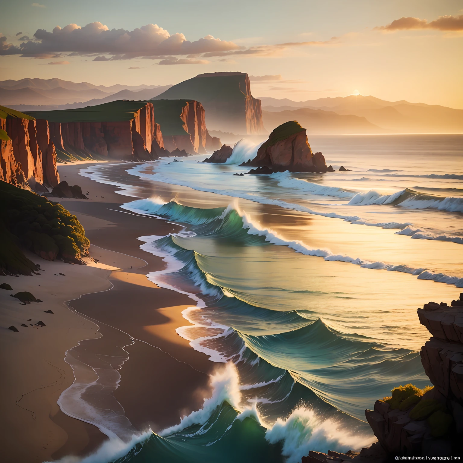 Capture a stunning seascape in photo-realistic detail。Vivid colors、Vivid and powerful。Shot with a Nikon D850 and wide-angle lens,Capture every fine detail。Brightly illuminate the entire scene in soft primetime light,Add a warm glow to it。The environment presents a rugged coastline,Rocks meet raging waves,A stunning and awe-inspiring sight is formed。Paint with ink --auto