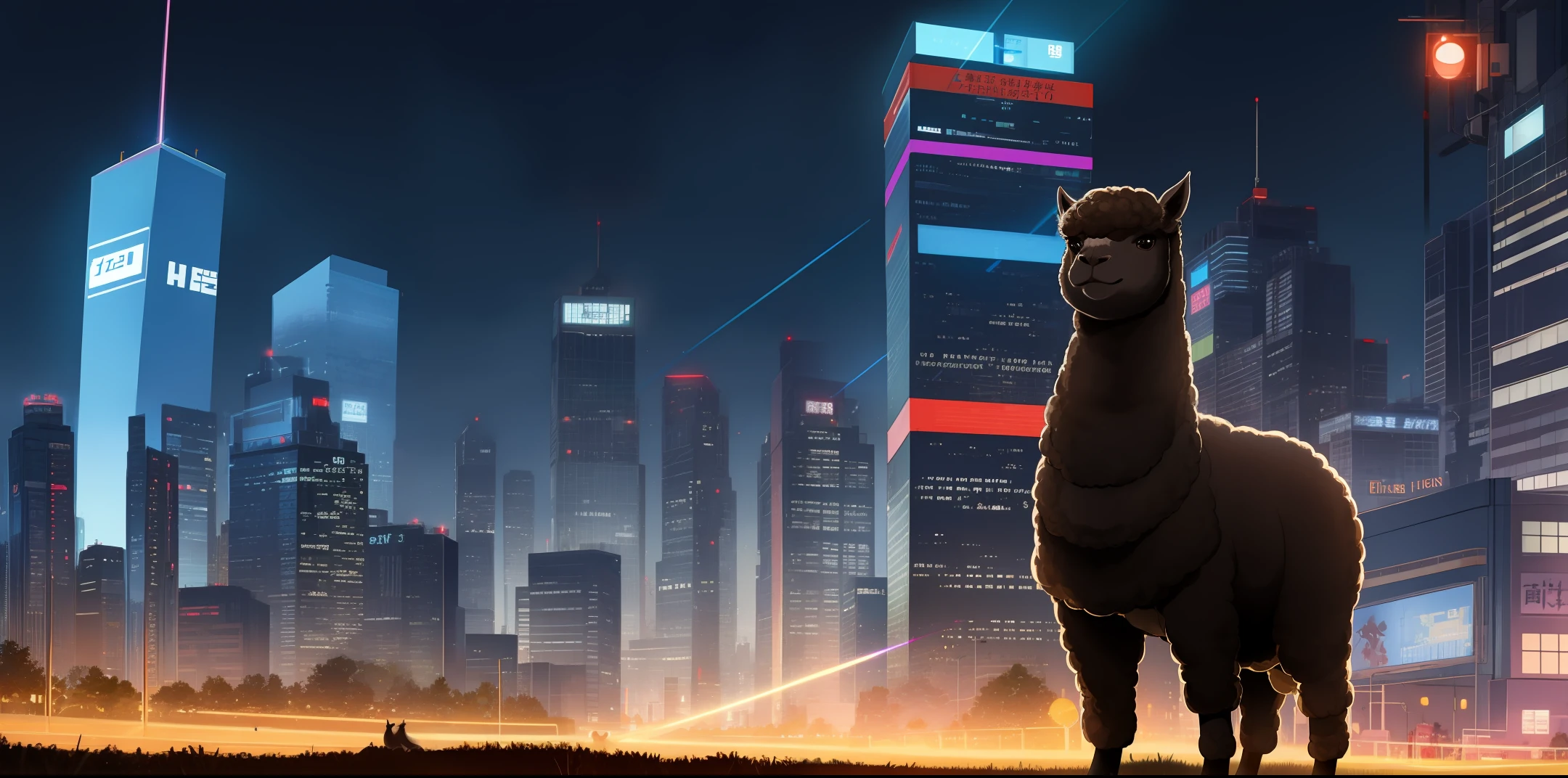 城市,the night,Realistic alpacas,cyber punk perssonage,Laser eyes,nighttime scene,High-rise buildings,Cool alpaca