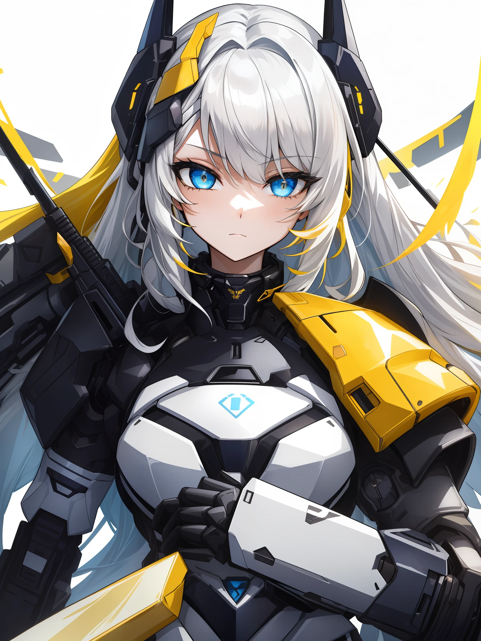 yellow long hair，Black-blue exoskeleton，Black hairpin，Beautiful girl with yellow hair，face expressionless，introverted，blue color eyes，Long pale yellow hair，AN94 assault rifle，Girl Frontline AN94，Long white pale yellow hair，Smooth long hair，soft eye，Gentle eyes，Black hairpin，Black hairpin