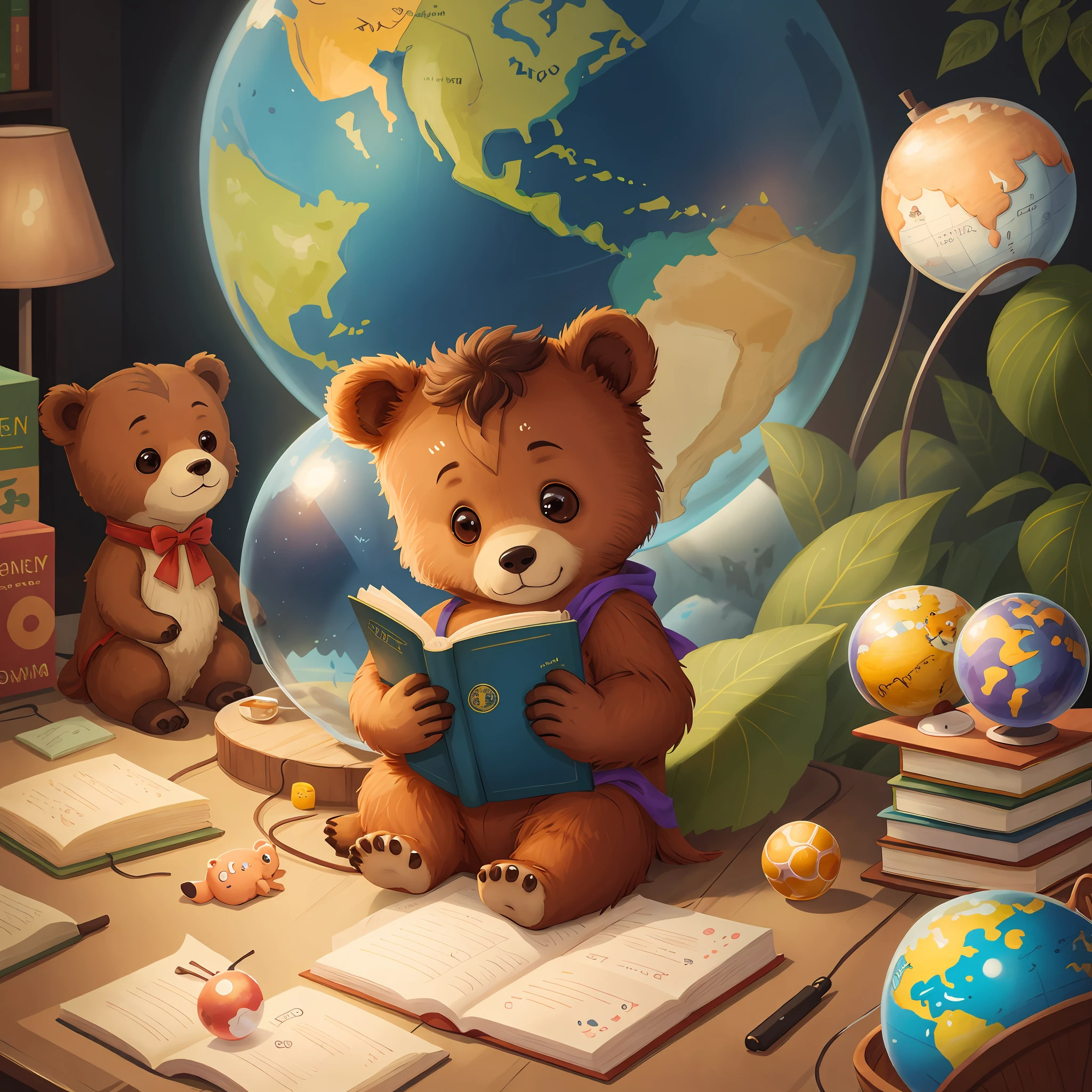 A cute little bear sitting on the globe reading a book