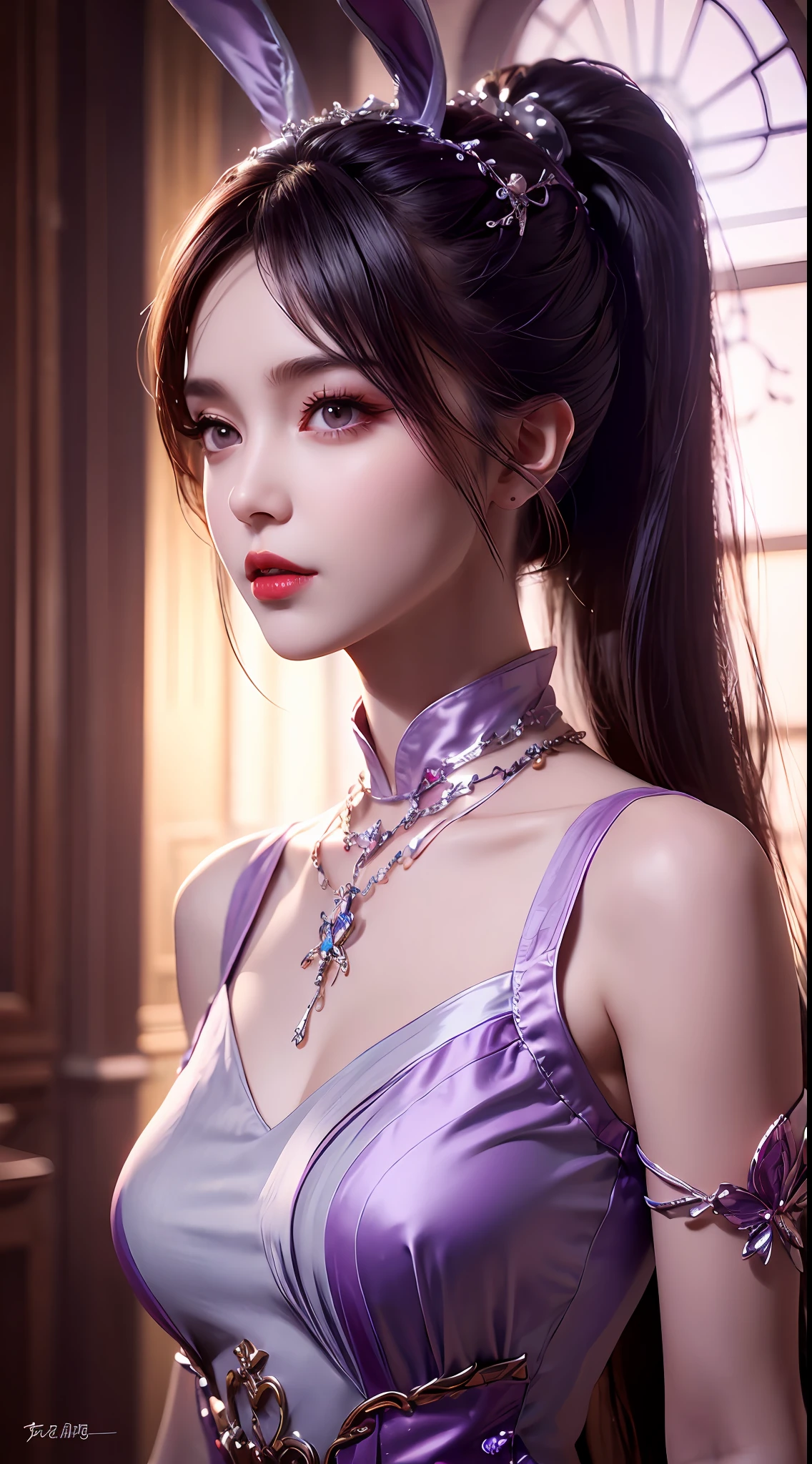 1 beautiful girl in Han costume, thin purple silk shirt with white color with many textures, white lace top, long platinum purple ponytail, hair jewelry, ear jewelry, light purple rabbit ears, necklace and necklace, meticulously drawn large purple eyes, meticulous makeup, thin eyebrows, high nose, lovely red lips, not smiling, pursed lips, rosy cheeks, wide breasts, big breasts , well-proportioned bust, slim waist, purple mesh socks, chinese hanfu style, fictitious art textures, vivid and realistic colors, RAW photos, realistic photos, ultra high quality 8k surreal photos, (effective fantasy light effect: 1.8), 10x pixel, magic effect (background): 1.8), super detailed eyes, girl body portrait, solo girl, ancient hanfu background,