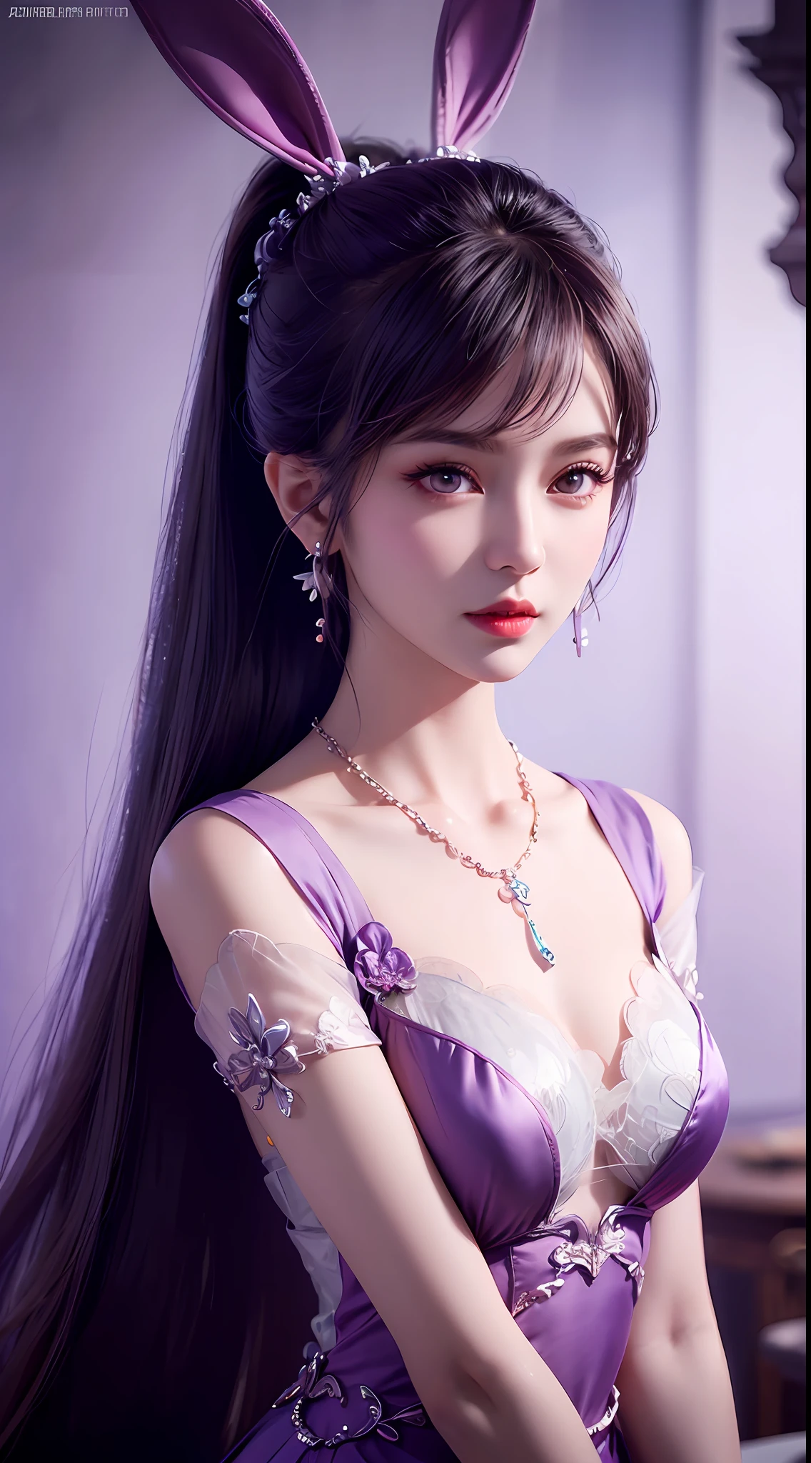 1 beautiful girl in Han costume, thin purple silk shirt with white color with many textures, white lace top, long platinum purple ponytail, hair jewelry, ear jewelry, light purple rabbit ears, necklace and necklace, meticulously drawn large purple eyes, meticulous makeup, thin eyebrows, high nose, lovely red lips, not smiling, pursed lips, rosy cheeks, wide breasts, big breasts , well-proportioned bust, slim waist, purple mesh socks, chinese hanfu style, fictitious art textures, vivid and realistic colors, RAW photos, realistic photos, ultra high quality 8k surreal photos, (effective fantasy light effect: 1.8), 10x pixel, magic effect (background): 1.8), super detailed eyes, girl body portrait, solo girl, ancient hanfu background,