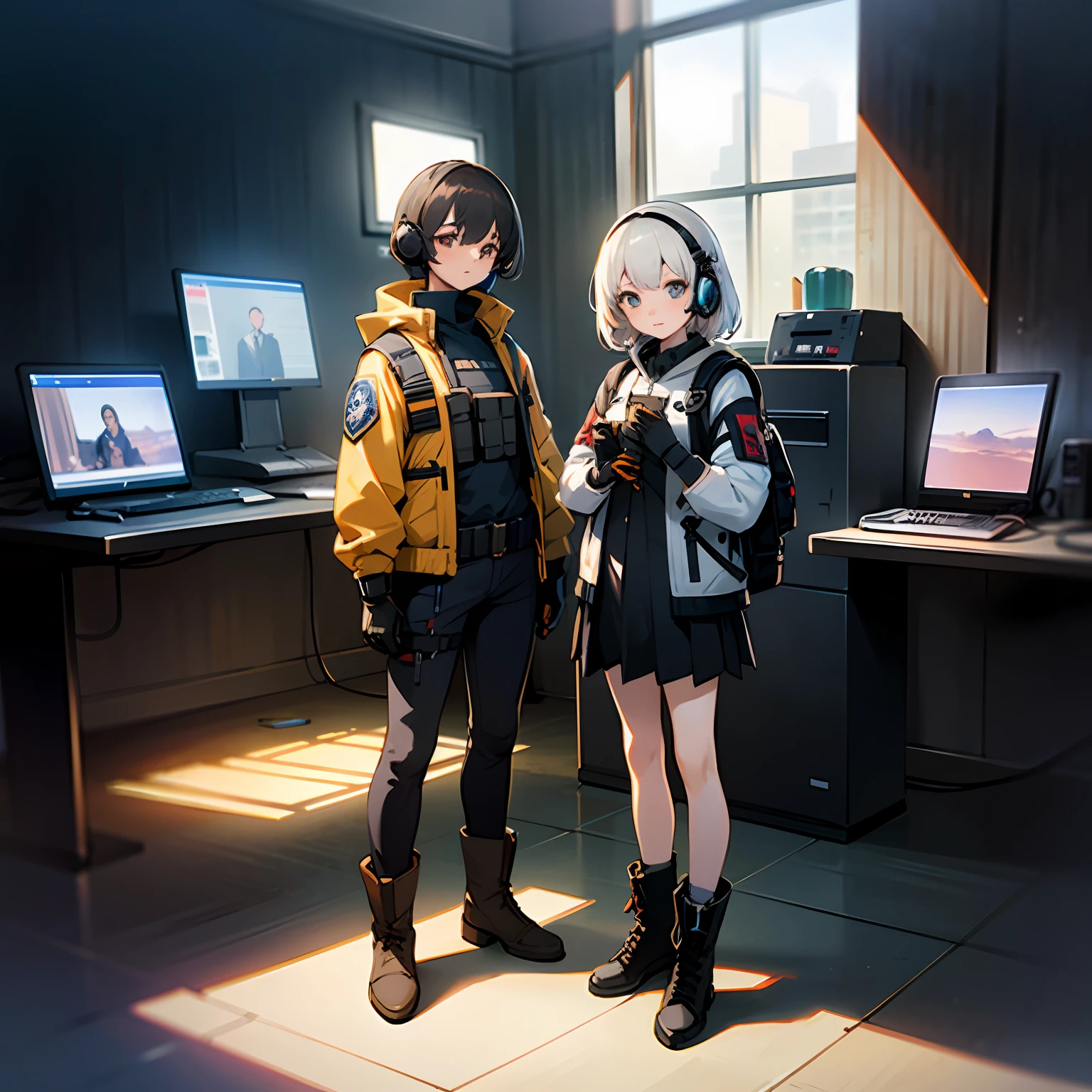 ((high quality)), ((masterpiece)), 8k, 2girls, bulletproof vest, rays of light, extremely detailed CG unity 8k wallpaper, game cg, looking at viewer, gloves, boots, full body, watch, computer, mask, no Man-machines, hand-held weapons, headsets, jackets, bags, backpacks,