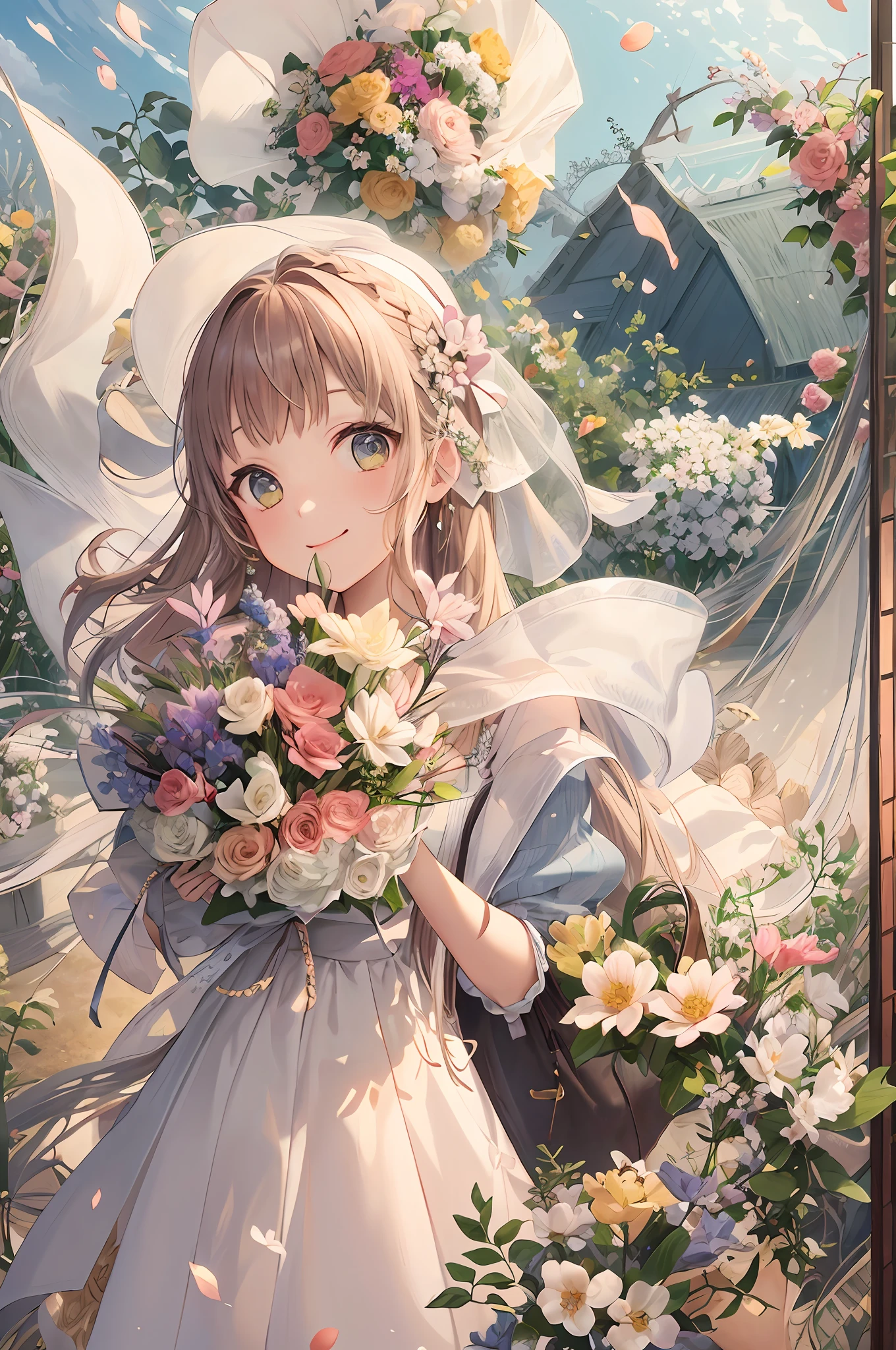 tmasterpiece, Better quality, 1 Barbie, Solo, Long hair, looking at viewert, ssmile, rim, a skirt, Camisa, longer sleeves, bucket-hat, shift dresses, the bow, participate, Keep one's mouth shut, florals, Frilly, hair flower, Flower petals, flower bouquet, croped, Bouquet of flowers in full bloom, ricefield, florals, ricefield,