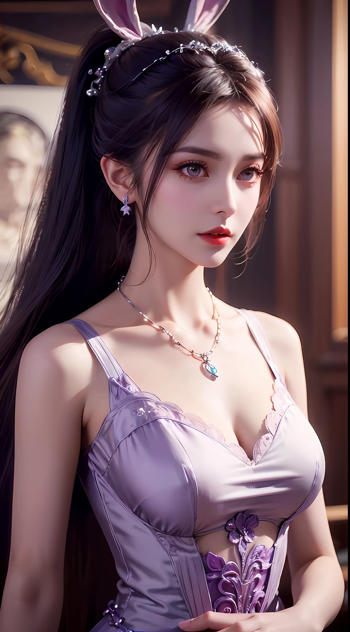 1 beautiful girl in Han costume, thin purple silk shirt with white color with many textures, white lace top, long platinum purple ponytail, hair jewelry, ear jewelry, light purple rabbit ears, necklace and necklace, meticulously drawn large purple eyes, meticulous makeup, thin eyebrows, high nose, lovely red lips, not smiling, pursed lips, rosy cheeks, wide breasts, big breasts , well-proportioned bust, slim waist, purple mesh socks, chinese hanfu style, fictitious art textures, vivid and realistic colors, RAW photos, realistic photos, ultra high quality 8k surreal photos, (effective fantasy light effect: 1.8), 10x pixel, magic effect (background): 1.8), super detailed eyes, girl body portrait, solo girl, ancient hanfu background,